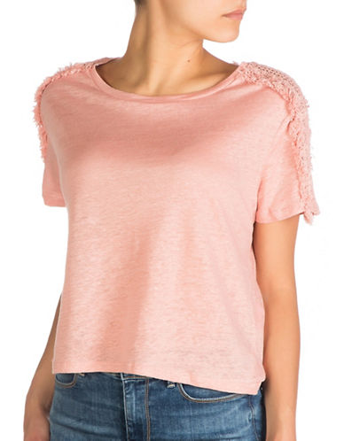 GUESS Women's Short-Sleeve Lino Crochet Insert Premium Top