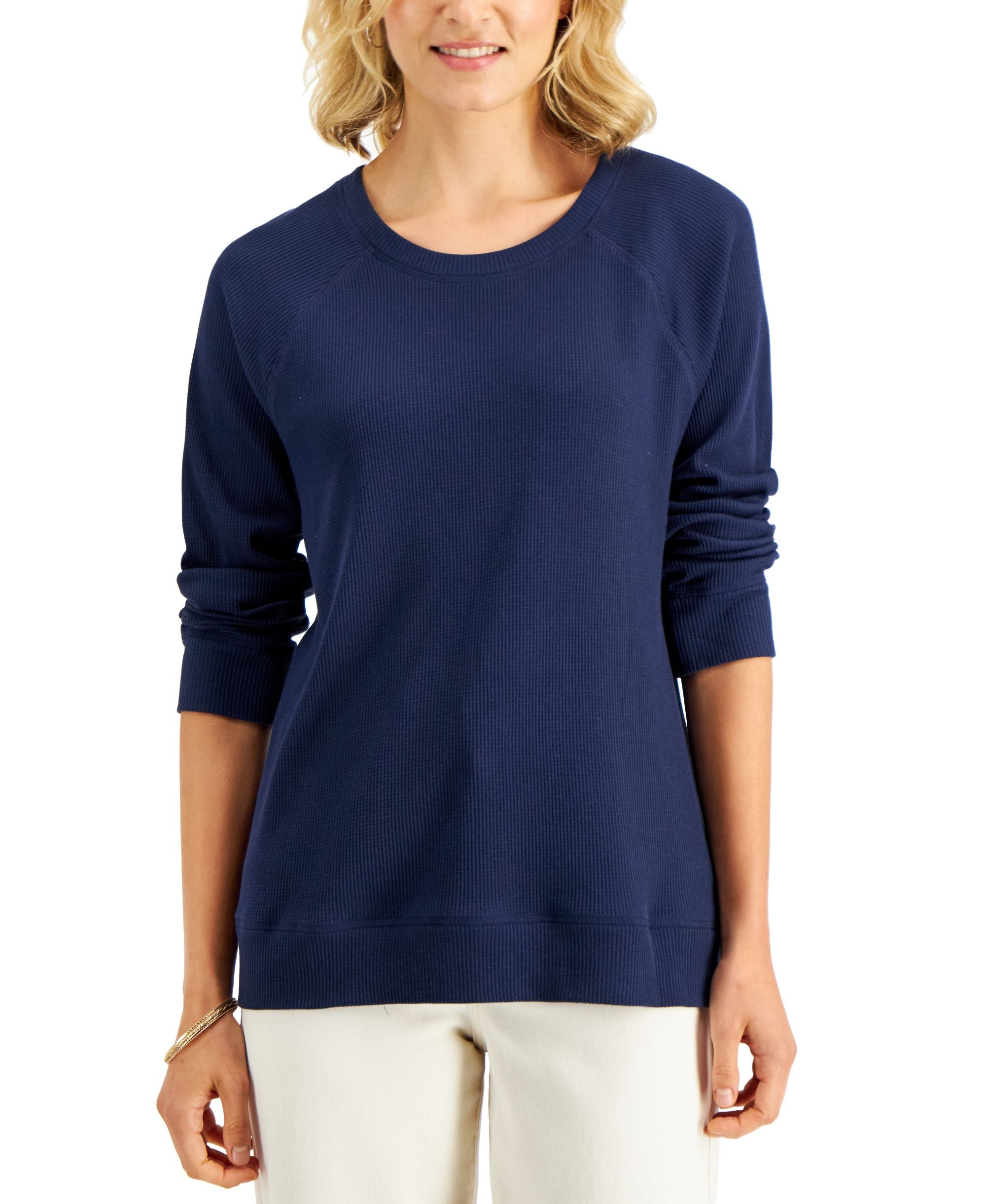 Karen Scott Mini Waffled Crewneck Premium Top