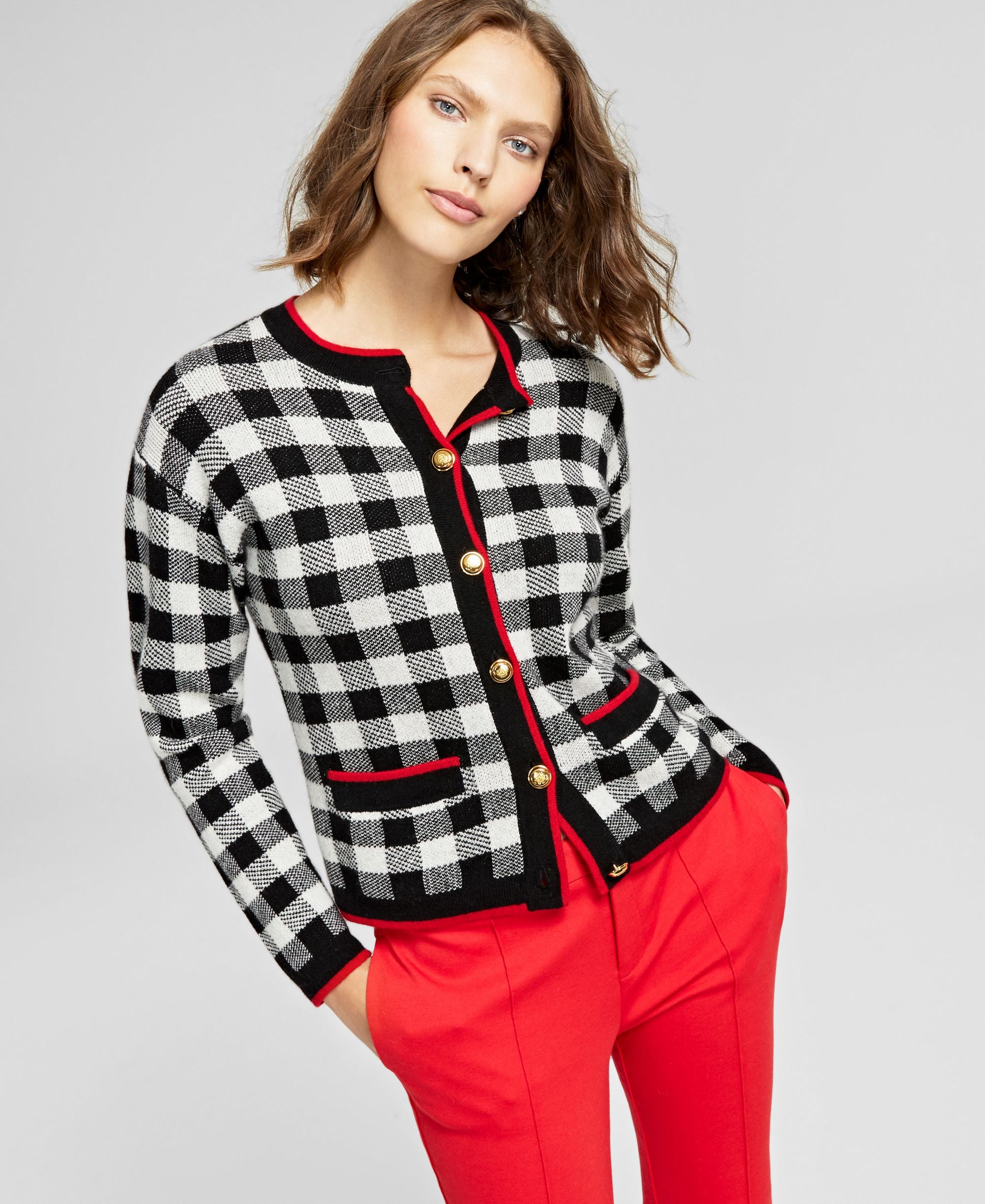 Charter Club Plaid Cashmere Button-Front Cardigan