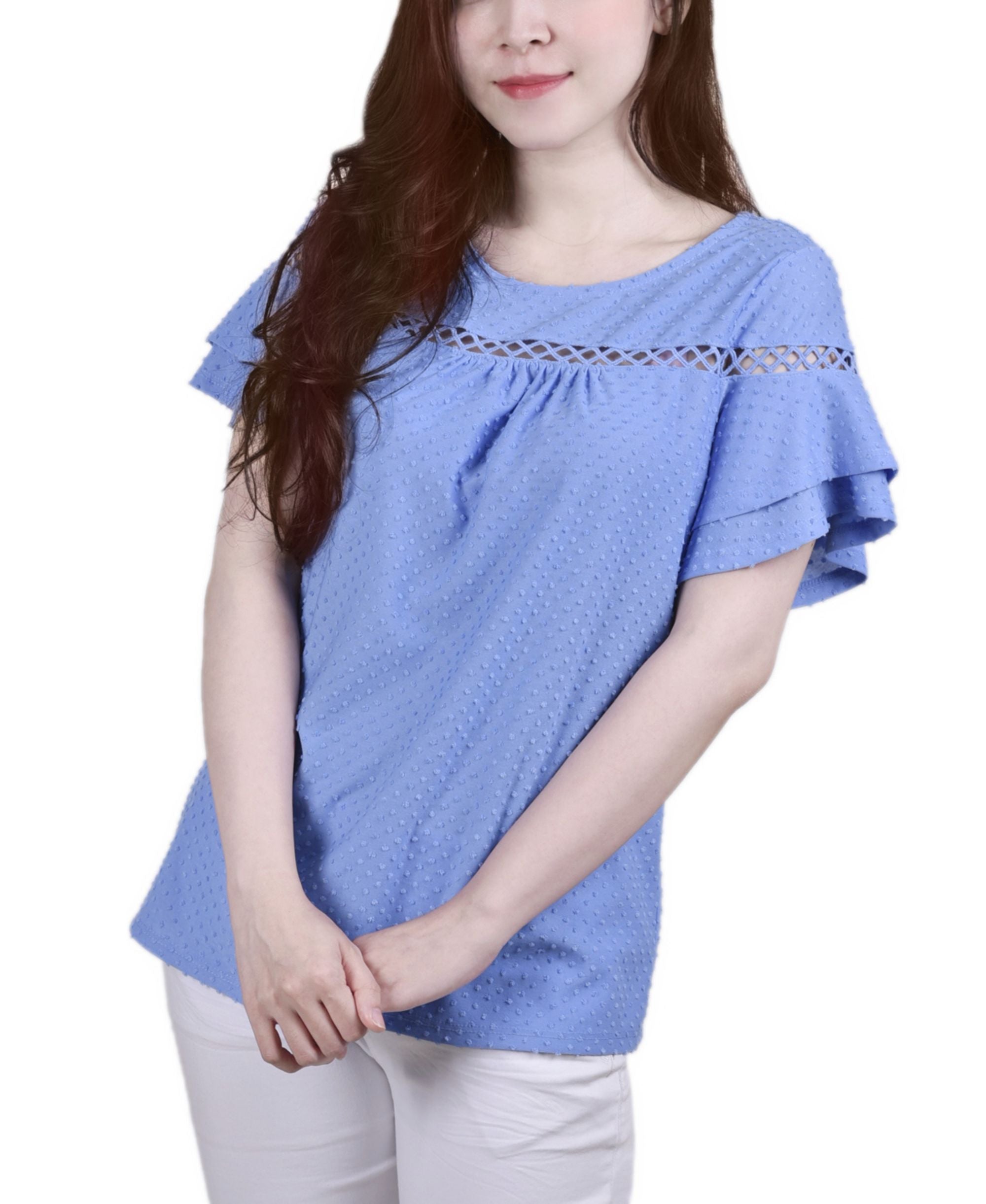 Petite Short Double Flutter-Sleeve Swiss Dot Premium Top