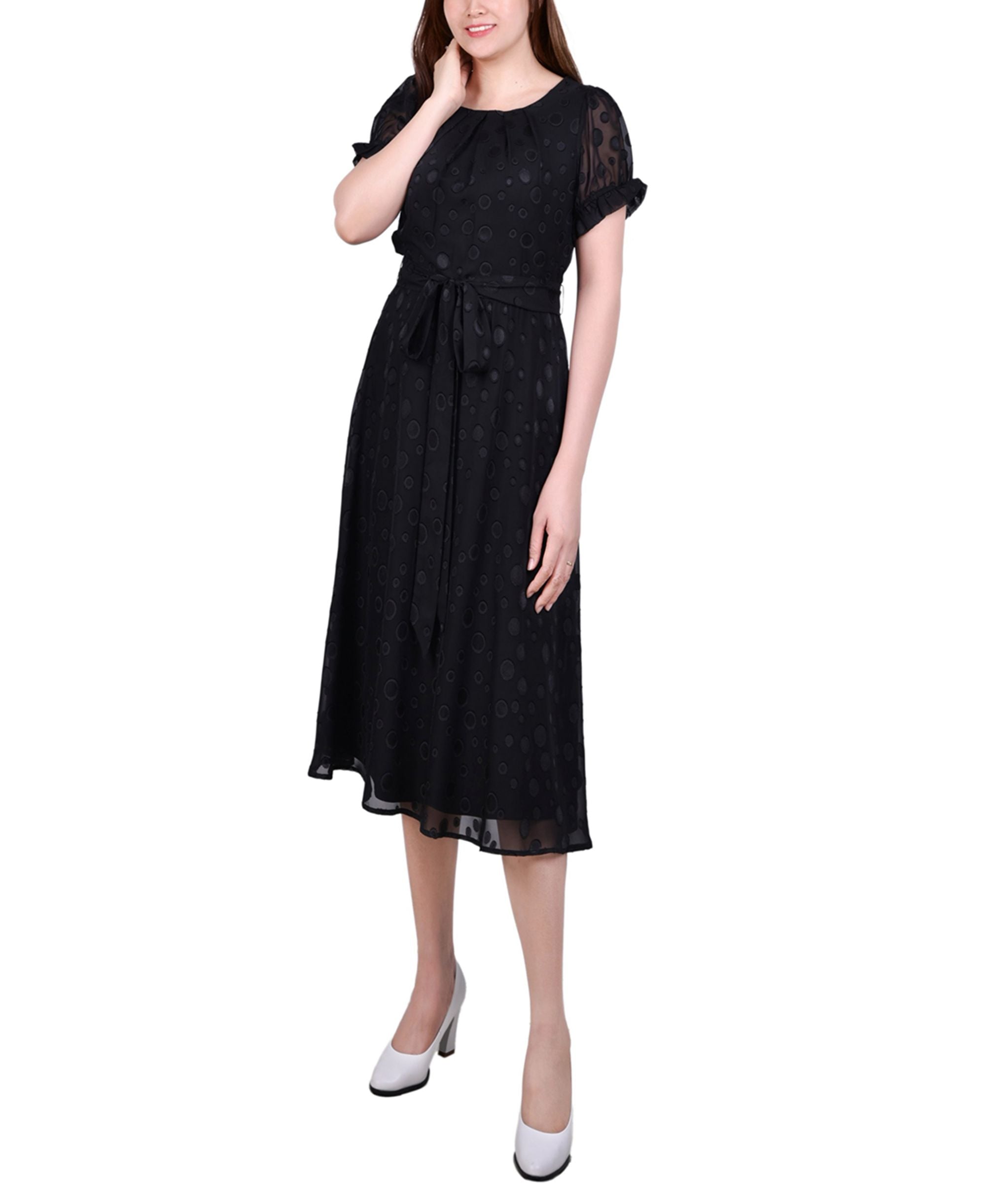 Petite Short-Sleeve Belted Swiss Dot Dress