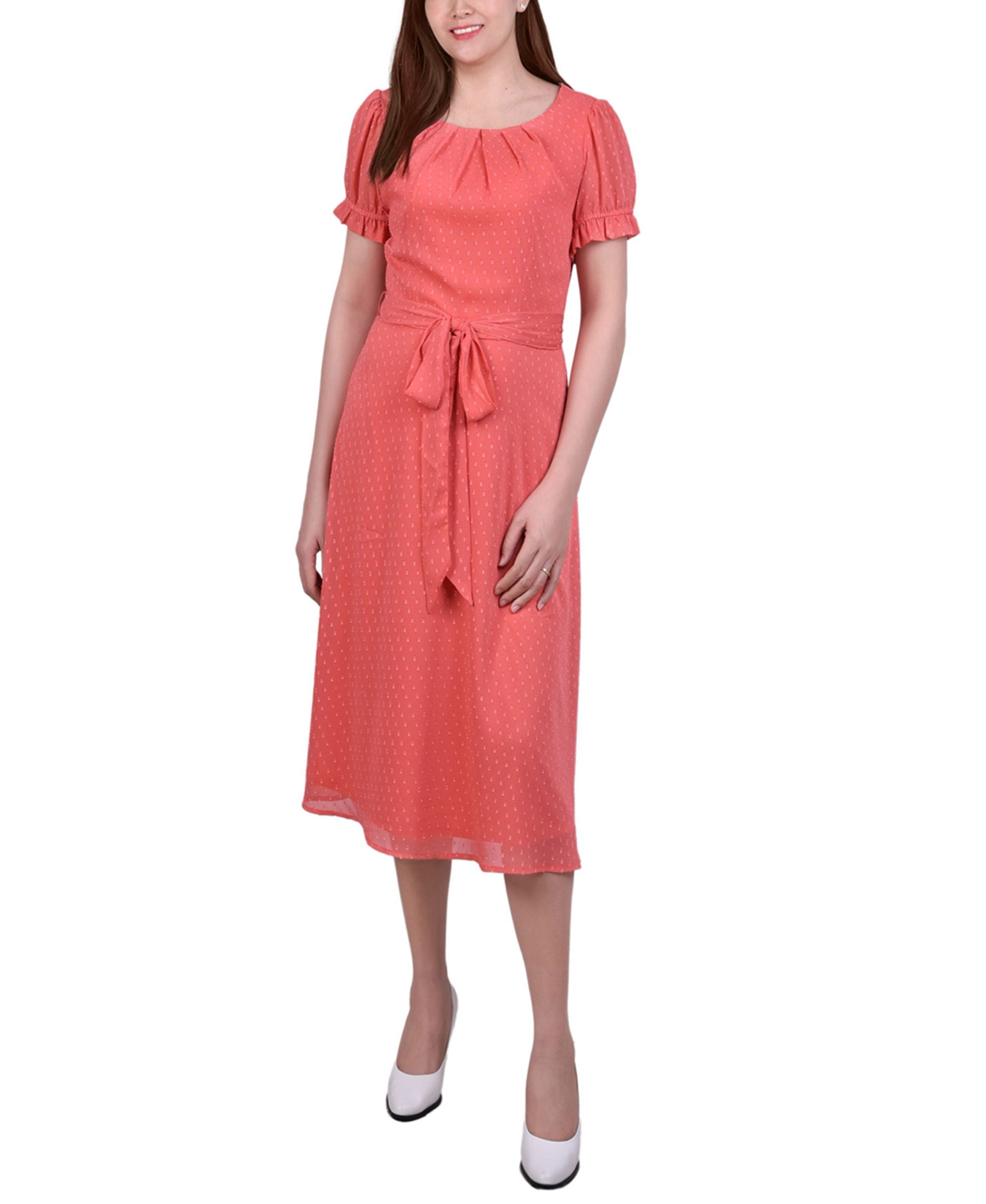 Petite Short-Sleeve Belted Swiss Dot Dress