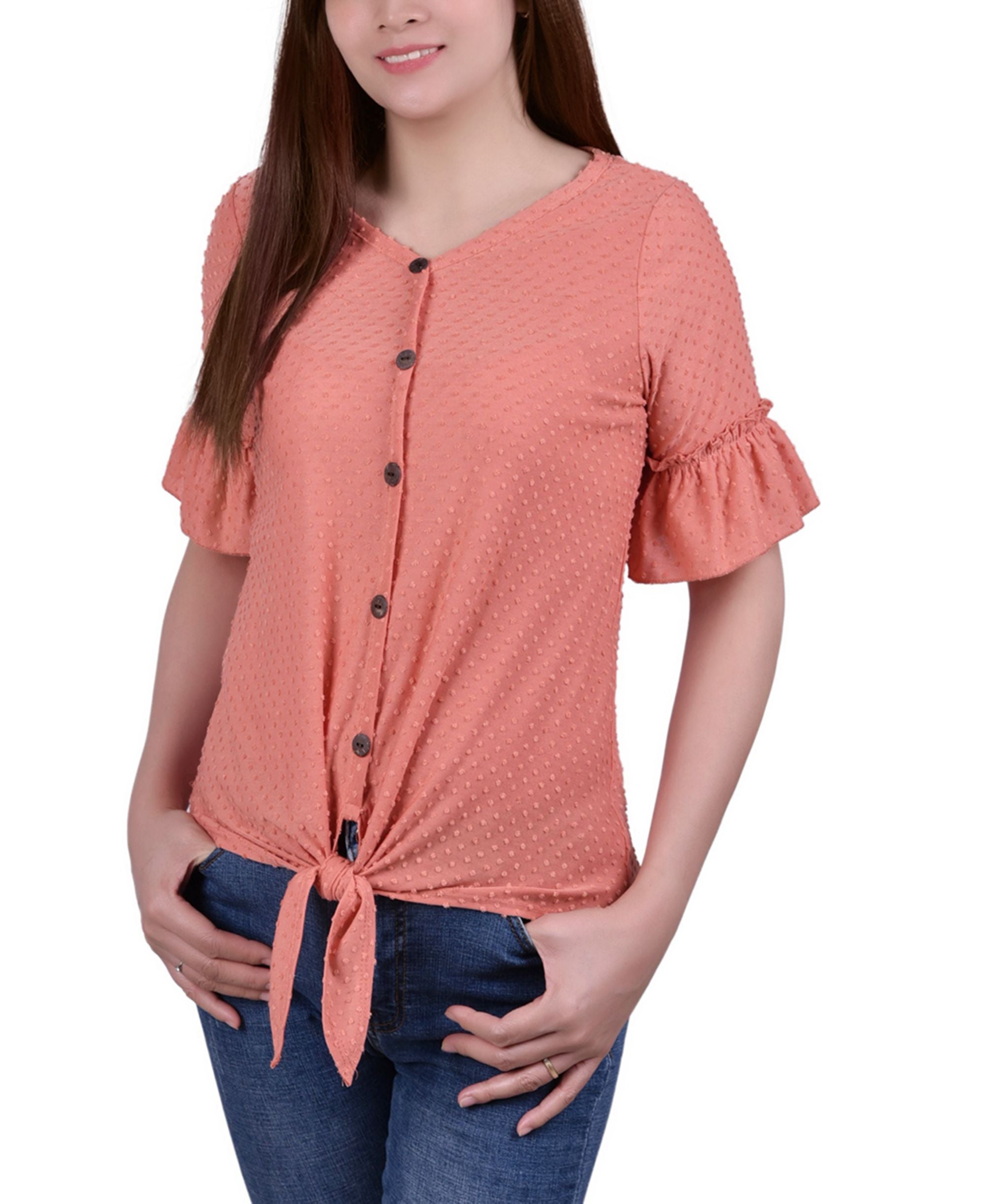 NY Collection Petite Swiss Dot Short-Sleeve Tie Front Premium Top