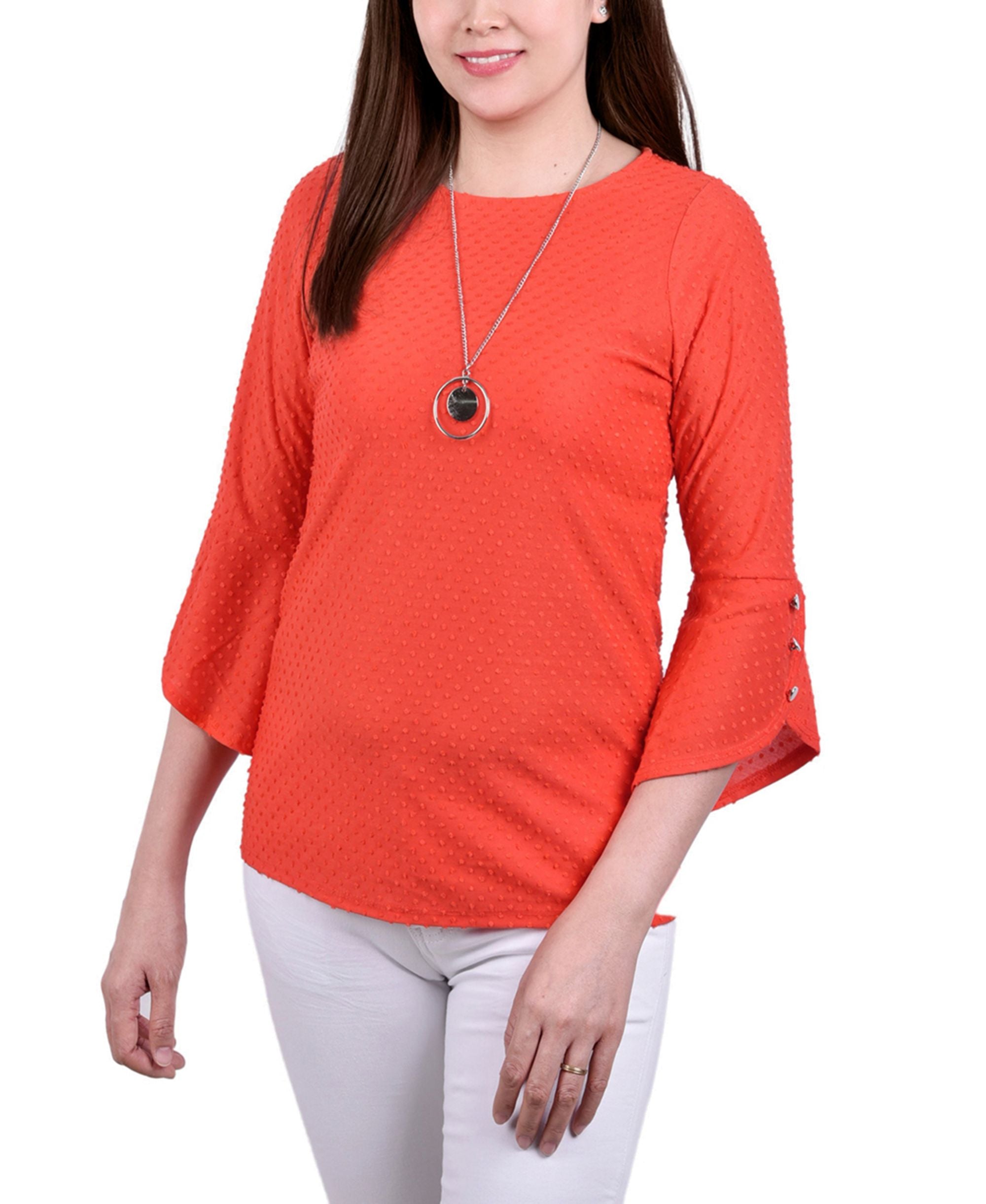 NY Collection Petite 3/4 Tulip Sleeve Premium Top With Necklace