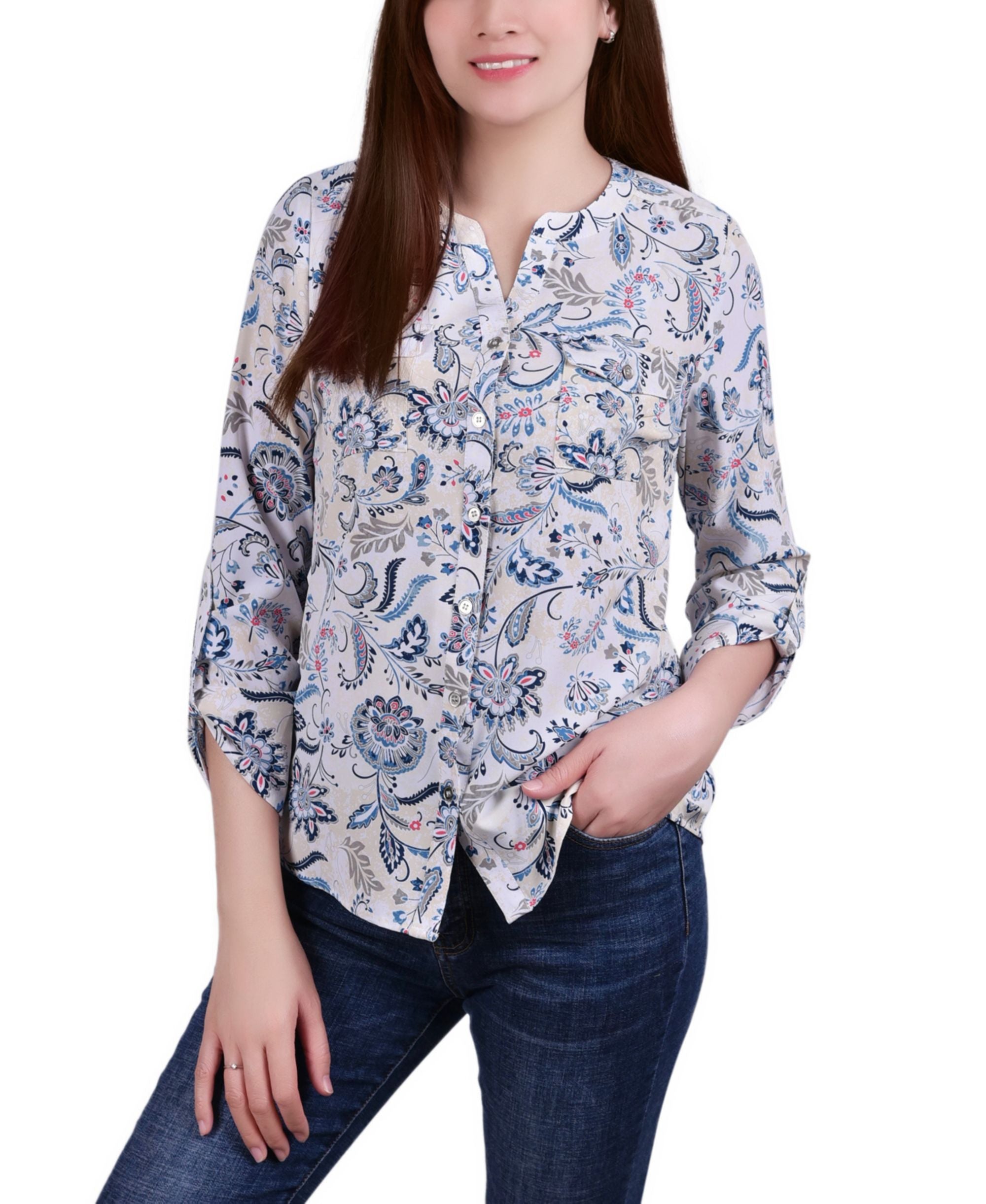 Petite 3/4 Sleeve Roll Tab Y Neck Signature Blouse