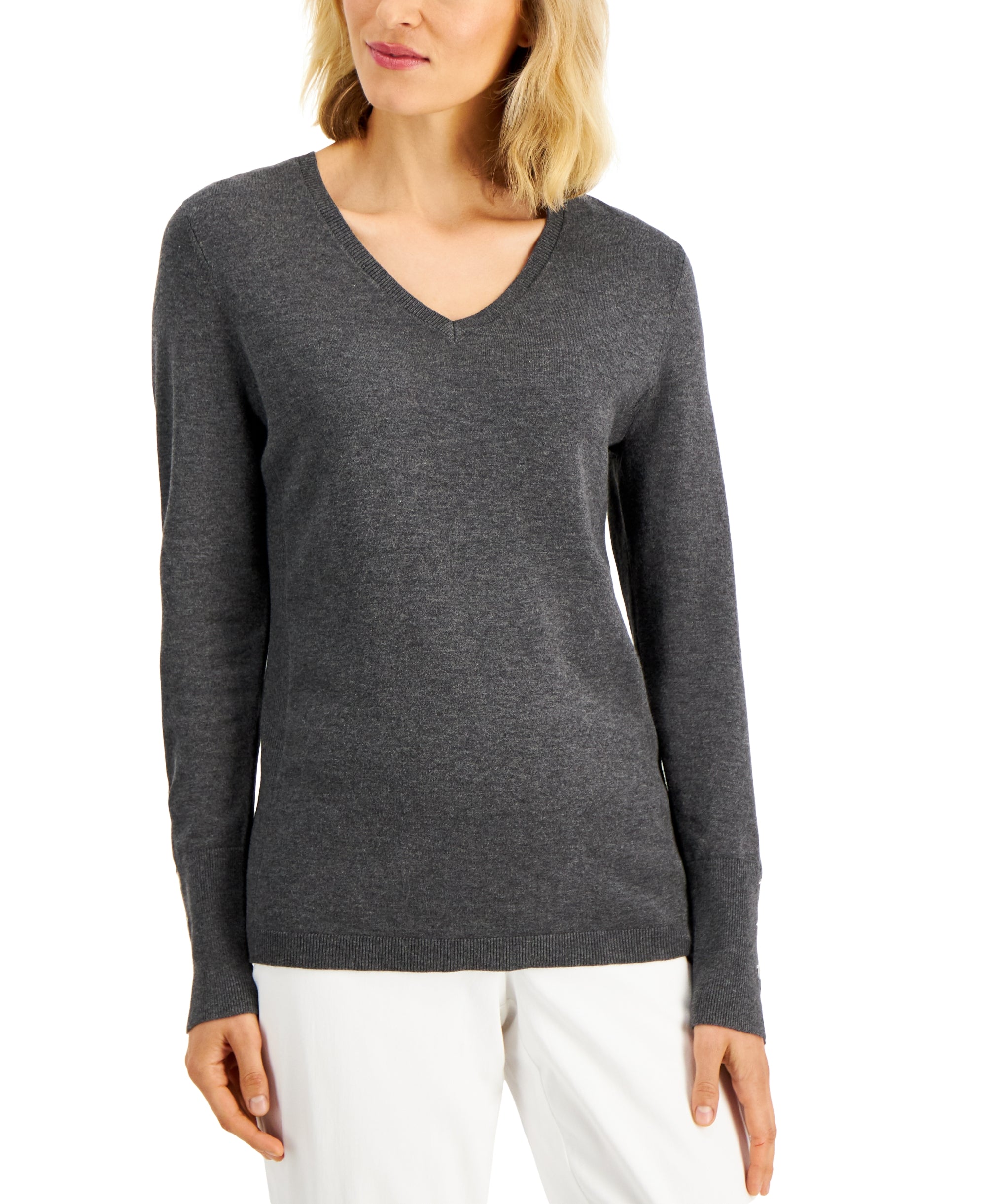 Petite Rivet-Detail V-Neck Sweater Charcoal Heather PM