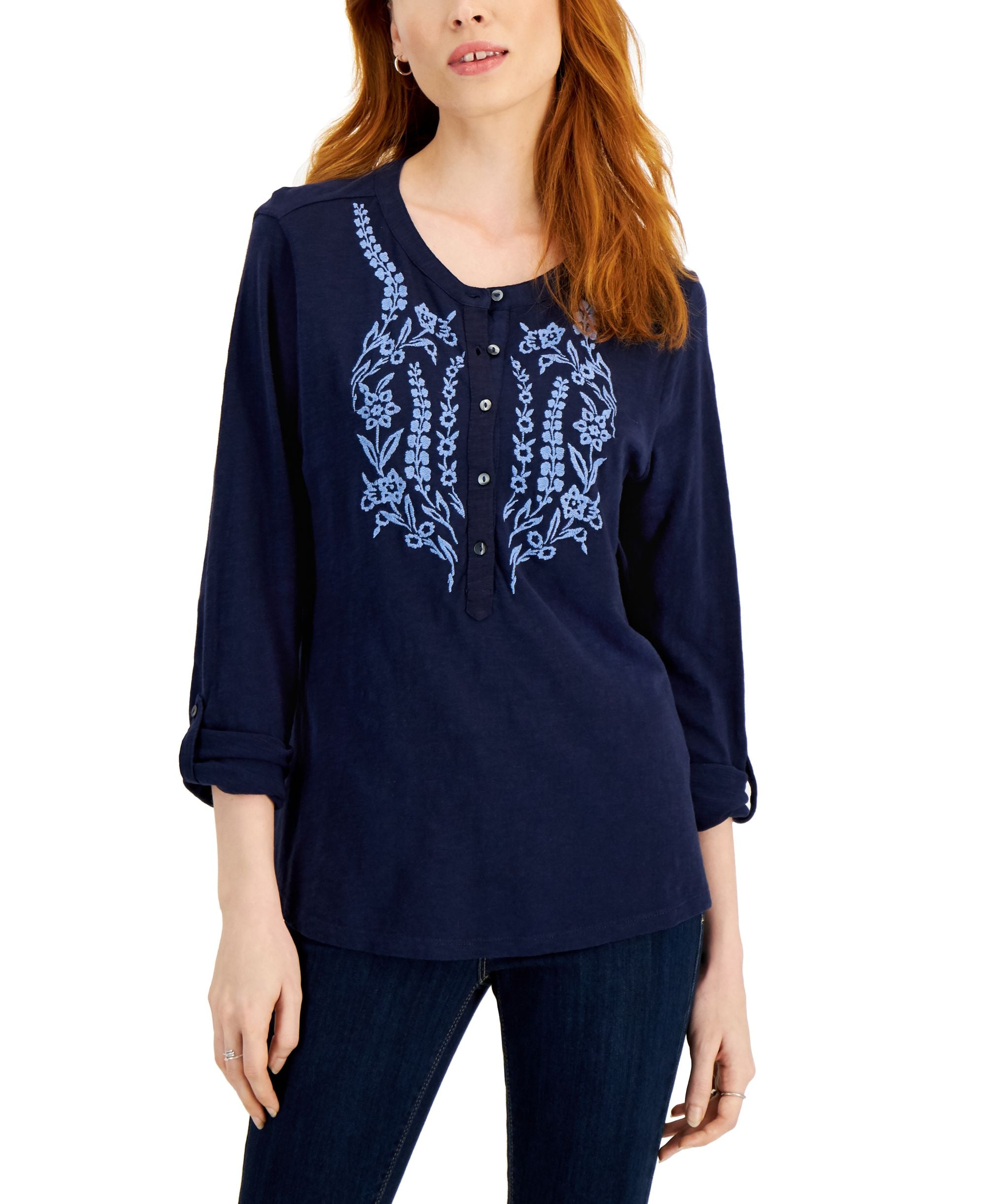 Style & Co Petite Cotton Embroidered Premium Top