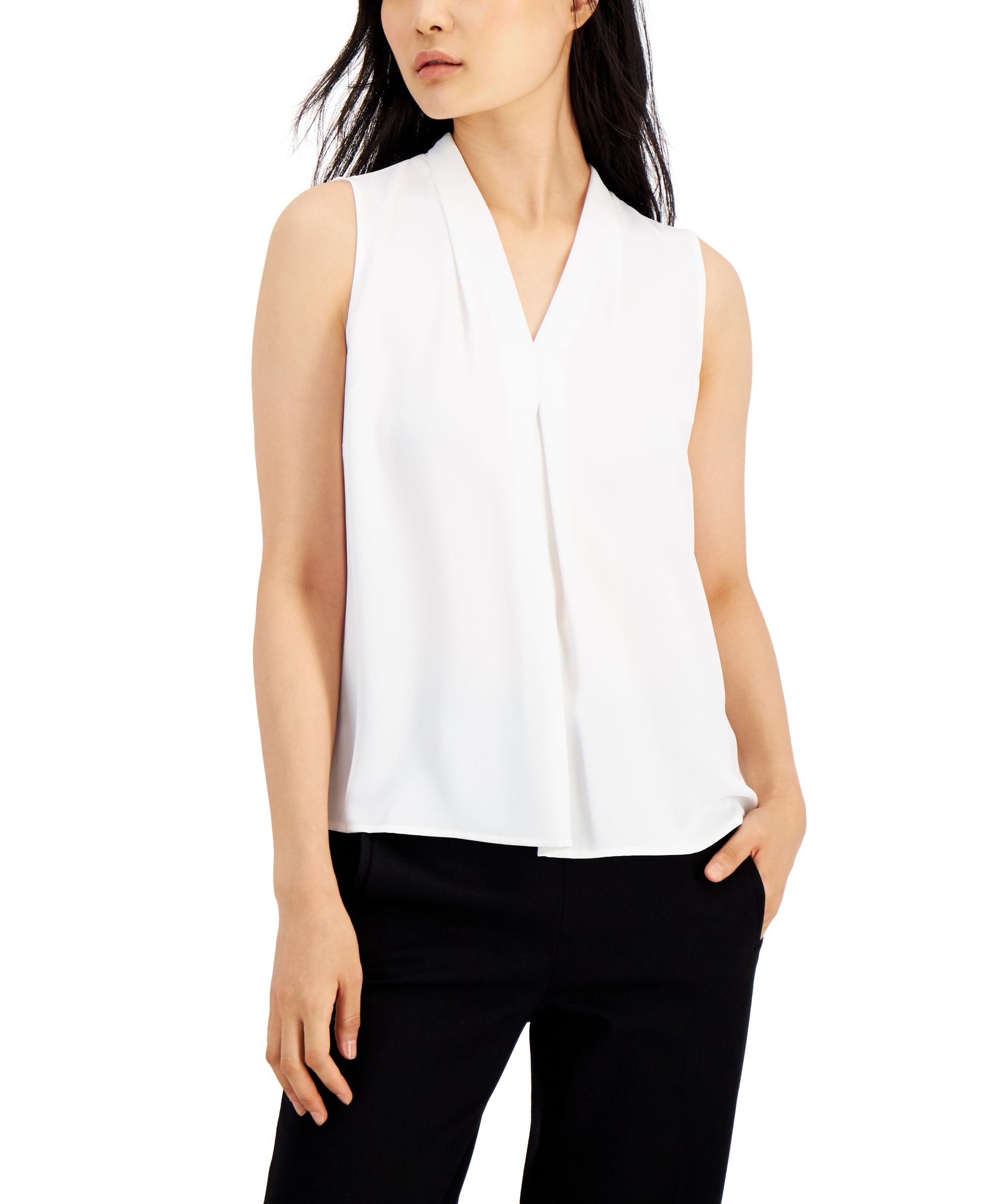 Women's Sleeveless Pleat V-Neck Premium Top