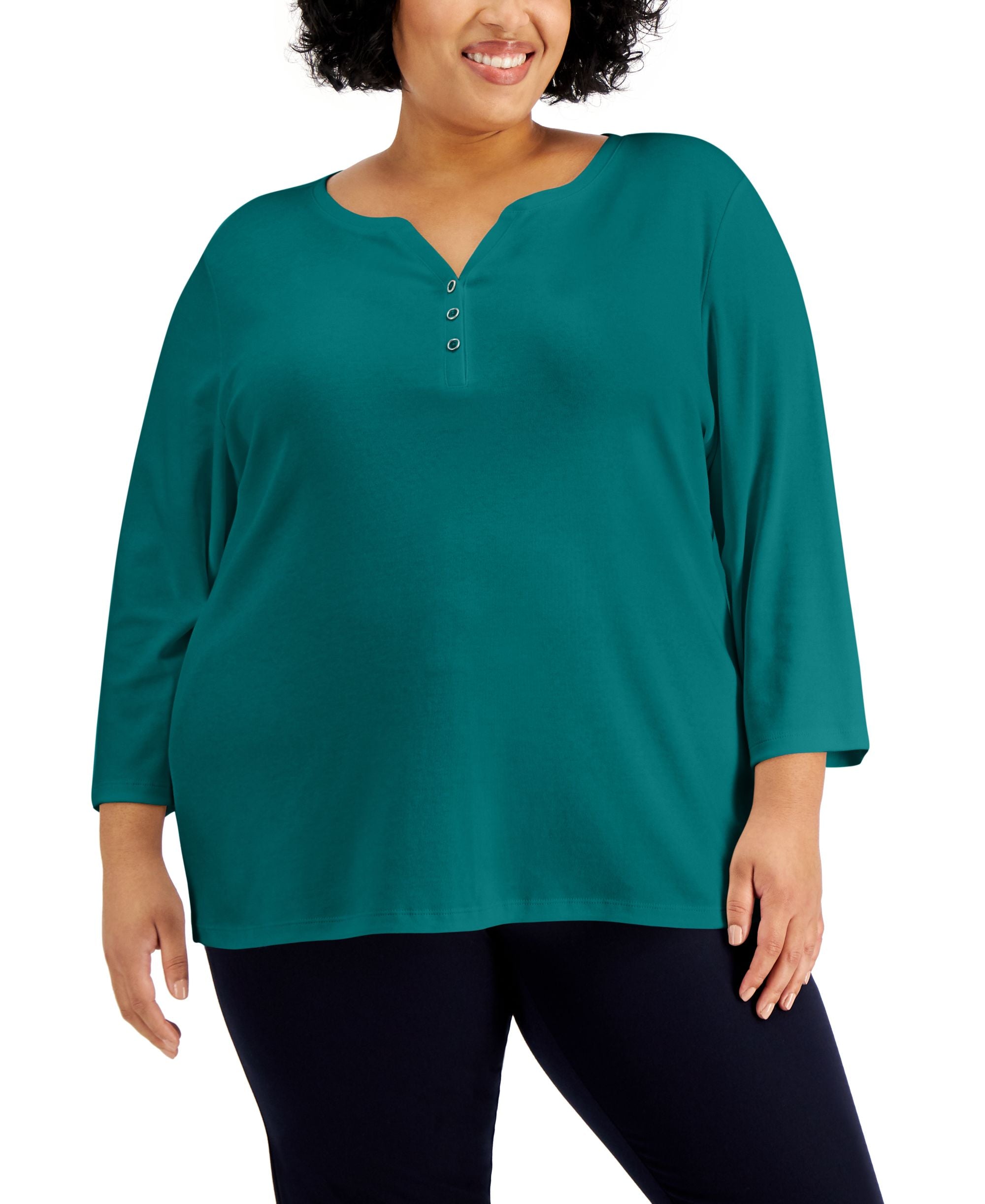 Plus Size 3/4-Sleeve Henley Premium Top