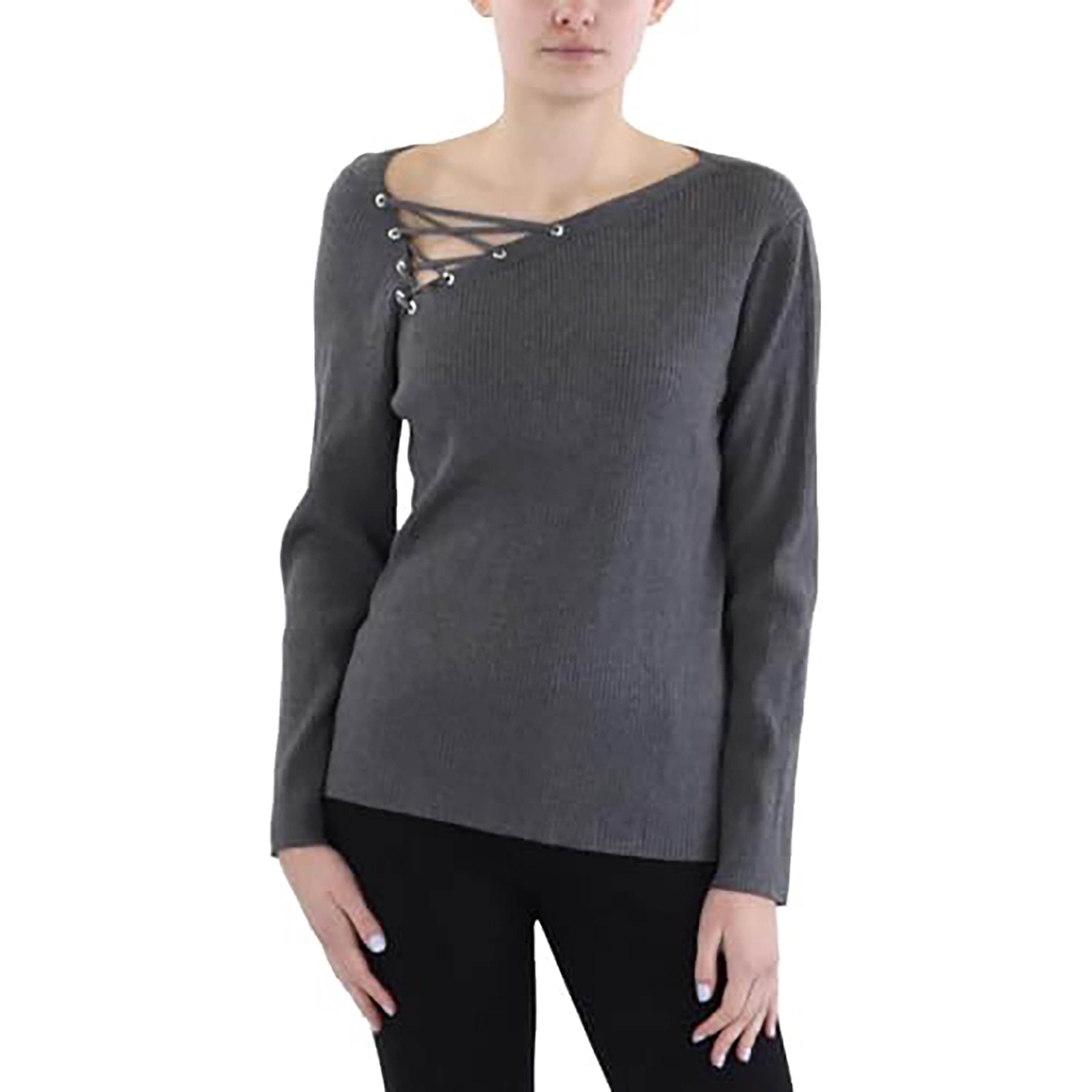 Women's Asymmetric-Lace-Up-Neck Sweater