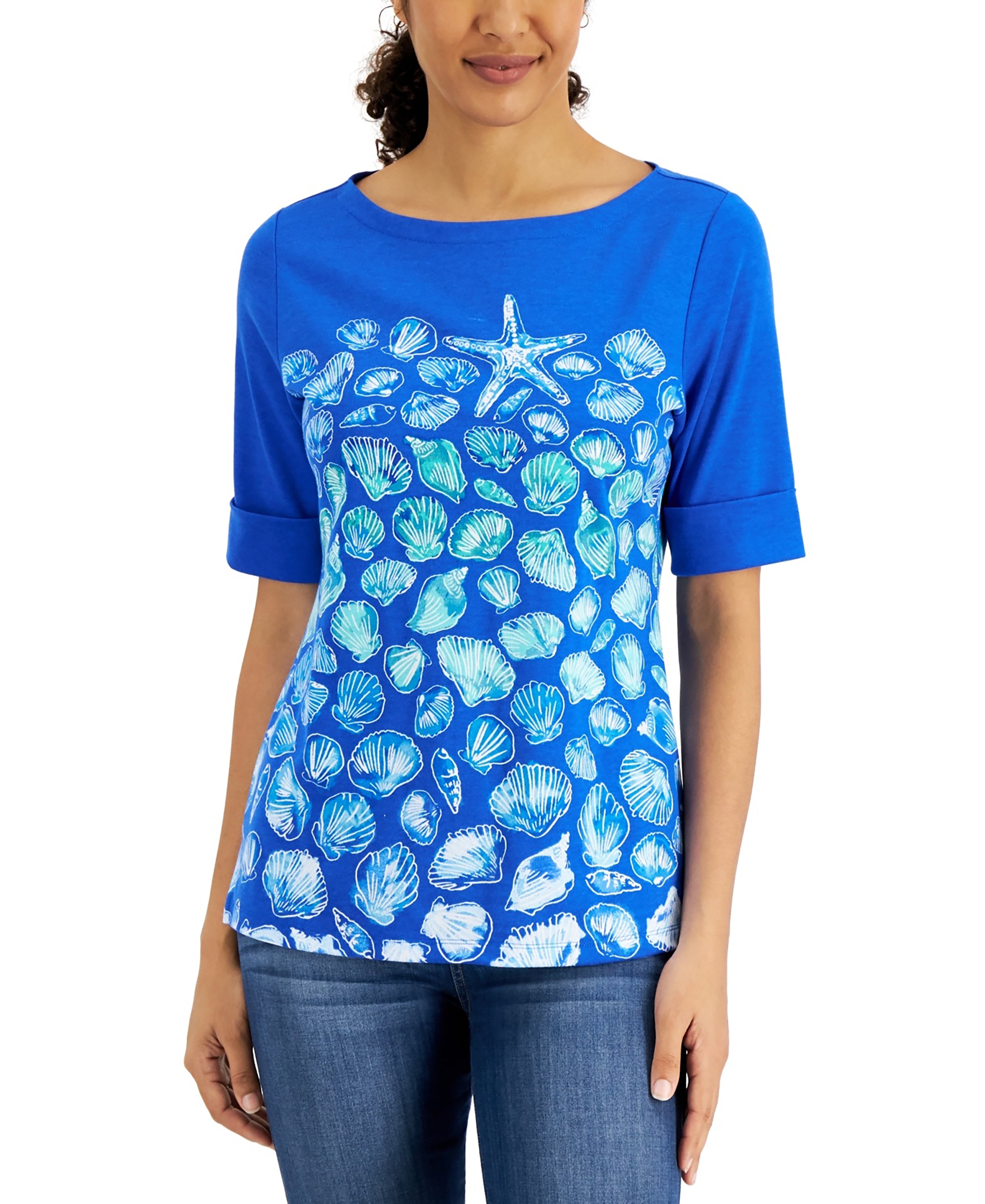 Seashell-Print Elbow-Sleeve Premium Top