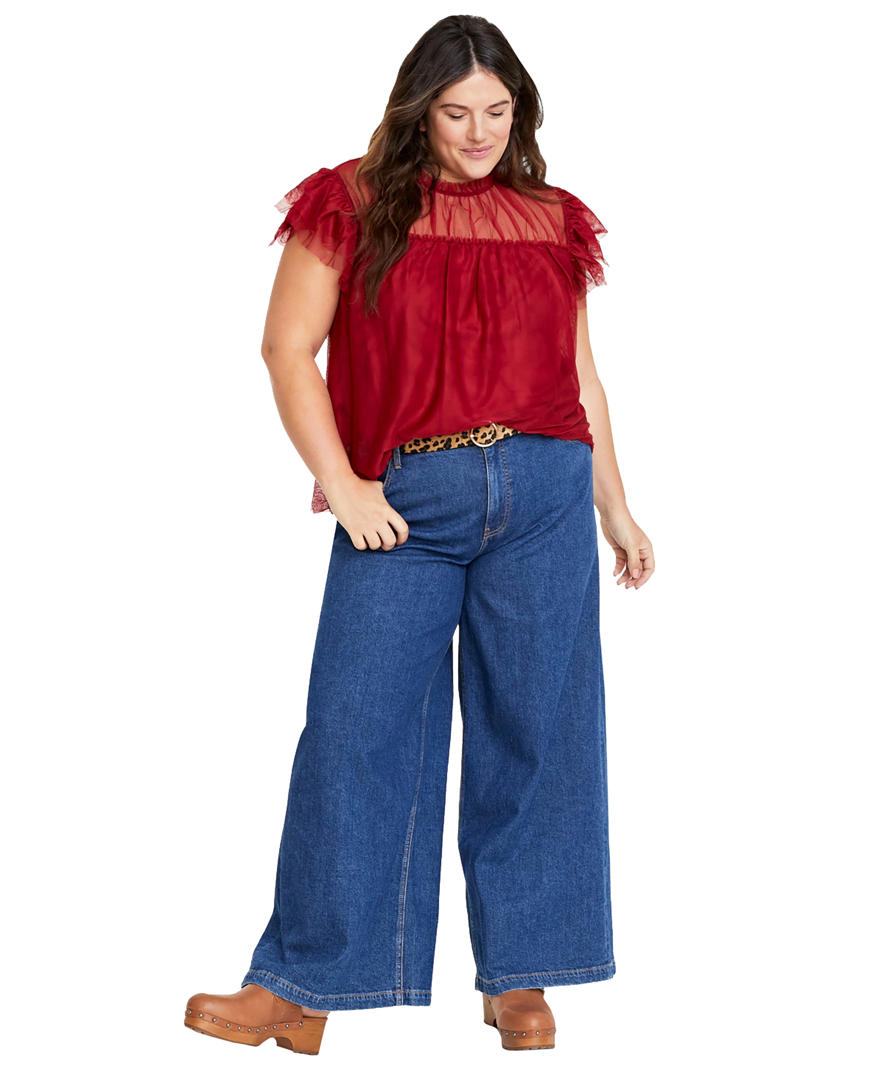 Plus Size Tulle Flutter-Sleeve Premium Top