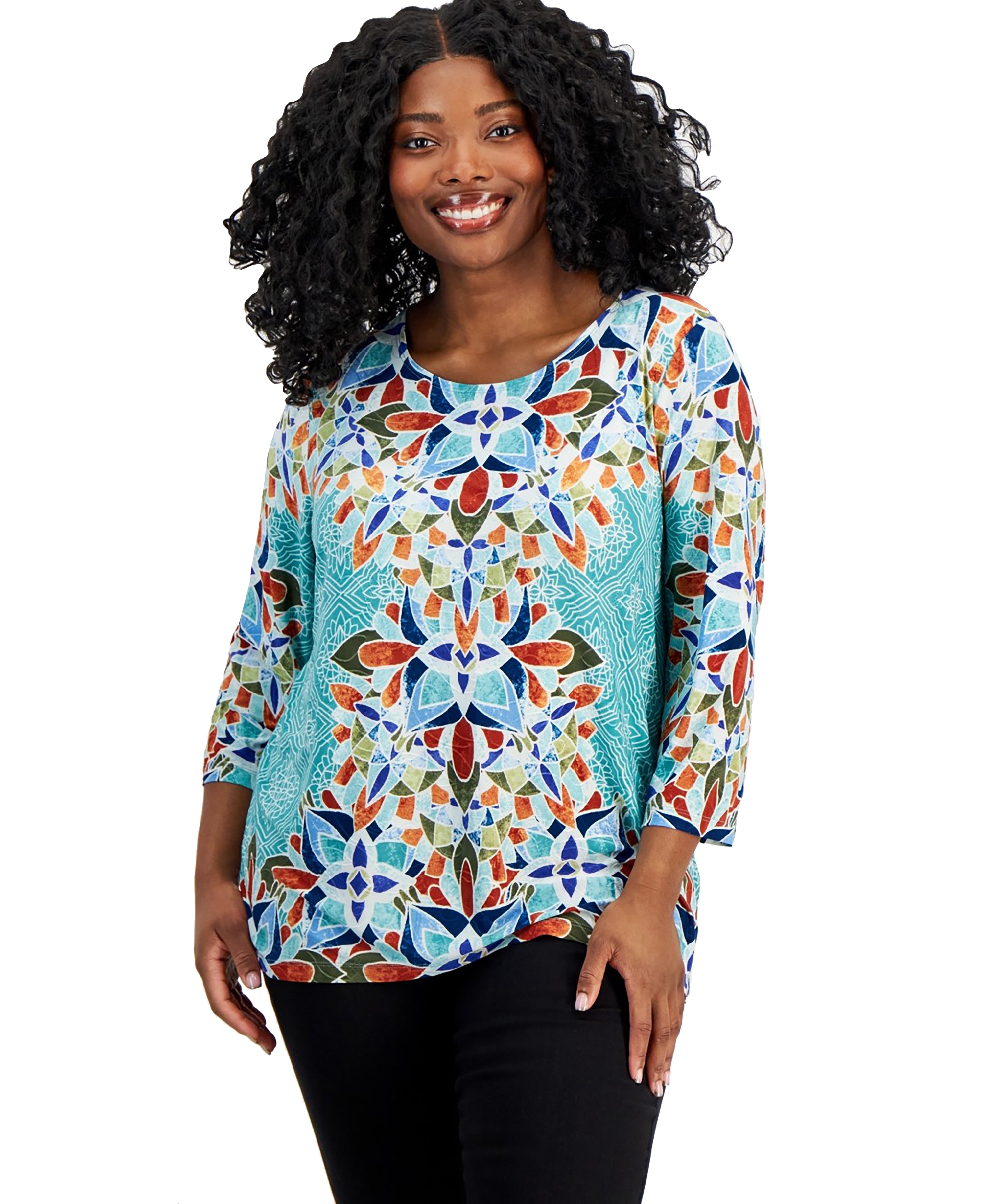 Plus Size Printed 3/4-Sleeve Premium Top