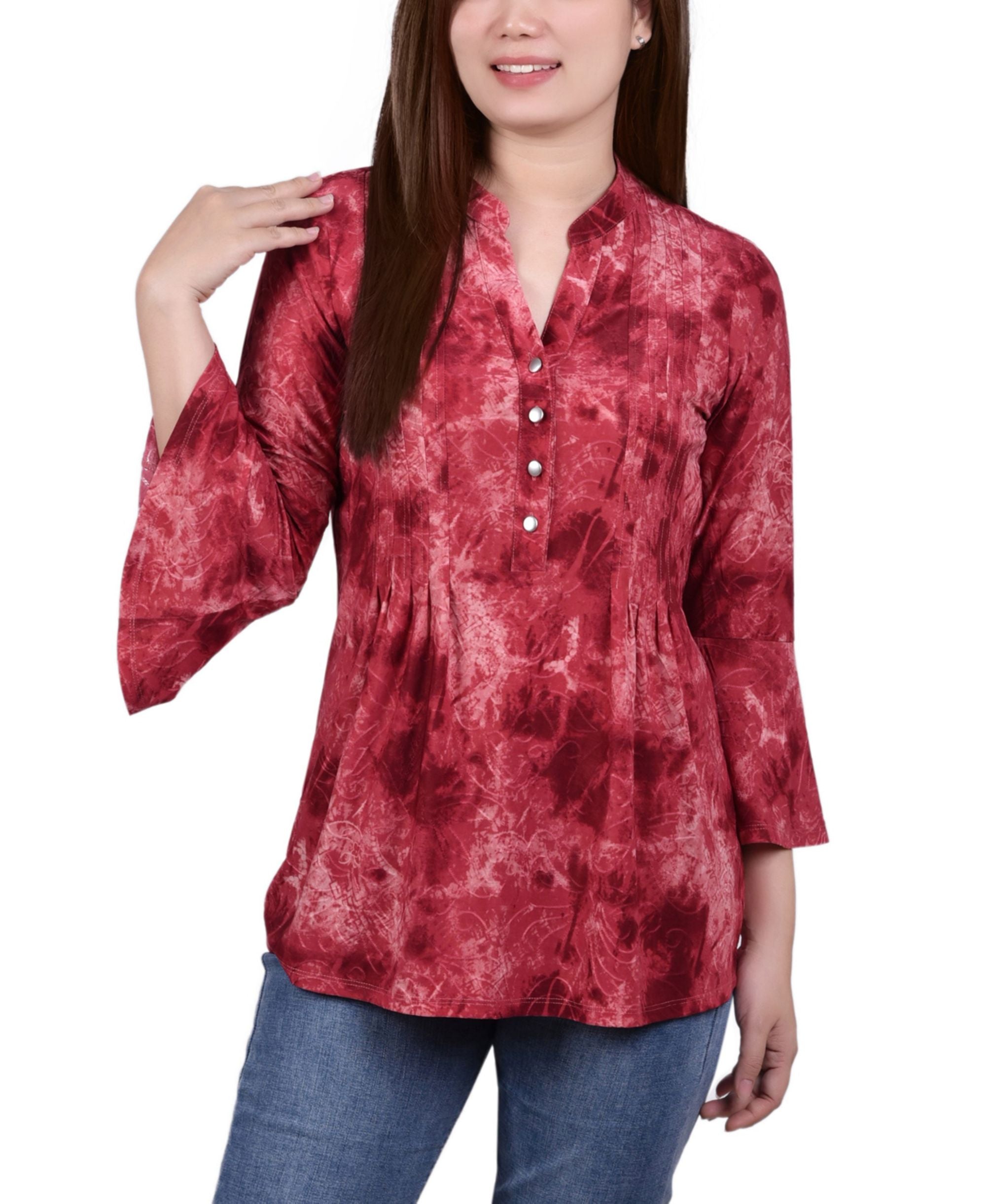 Petite 3/4 Bell Sleeve Printed Pleat Front Y-neck Premium Top