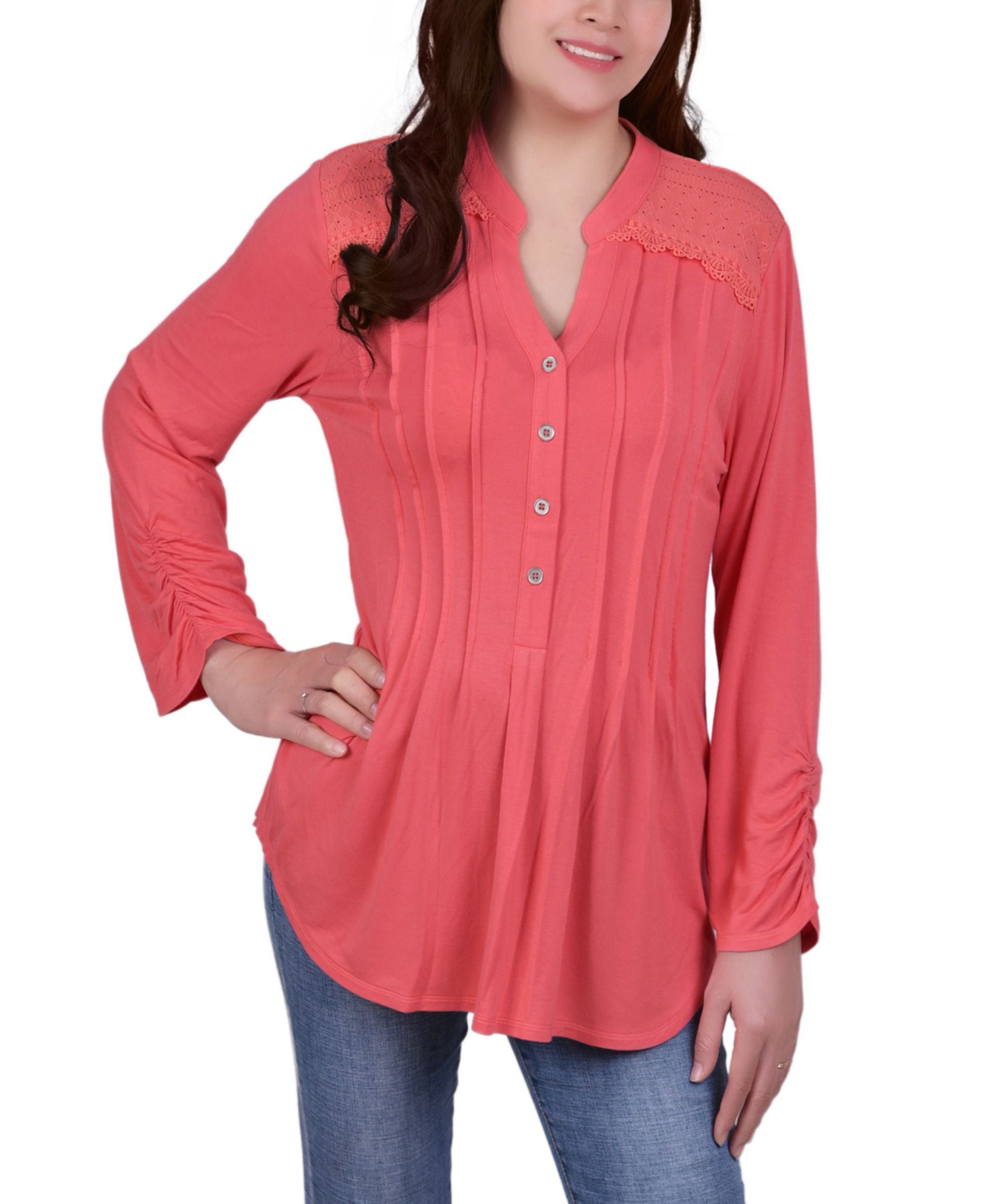 Petite Y Neck With Rounded Hem Long-Sleeve Pleat Front Premium Top