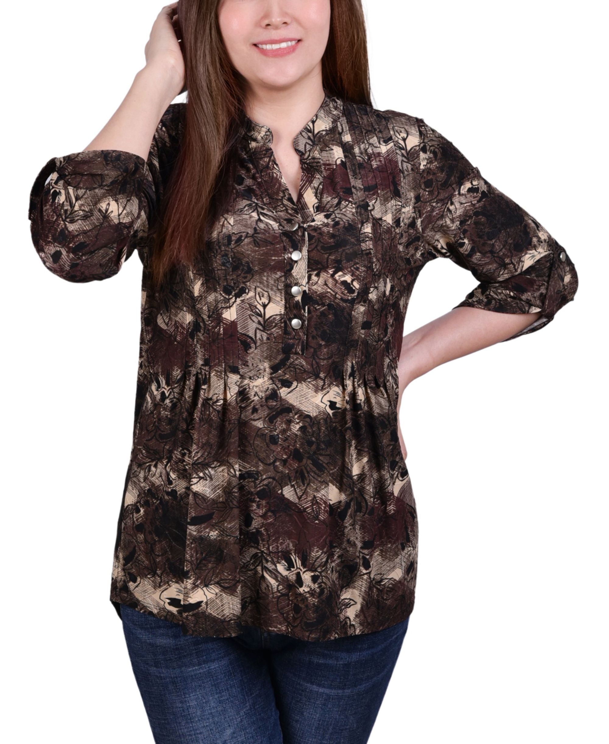 Petite 3/4 Roll Tab Sleeve Y Neck Premium Top