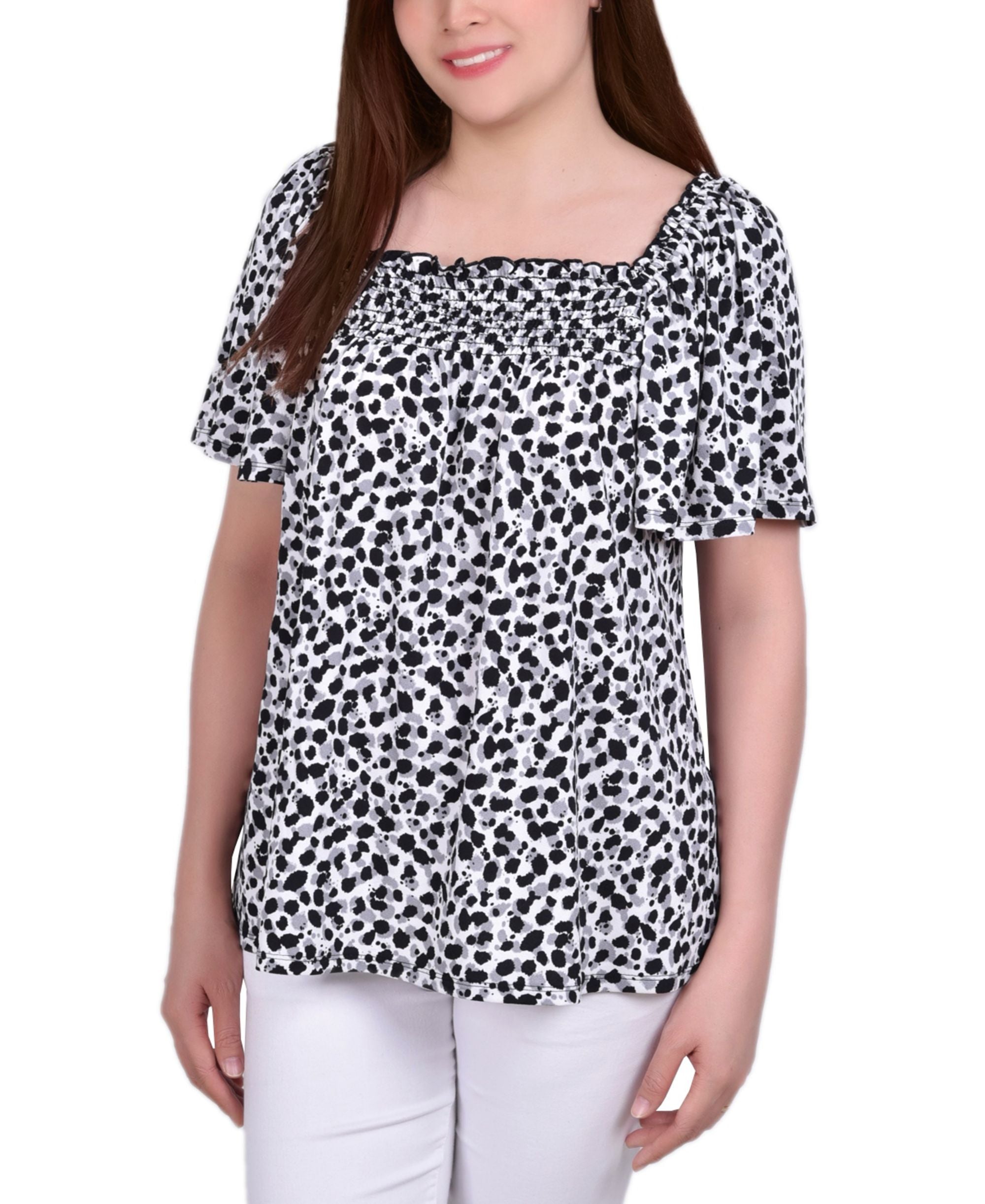 Petite Smocked Front Short-Sleeve Square Neck Crepe Premium Top