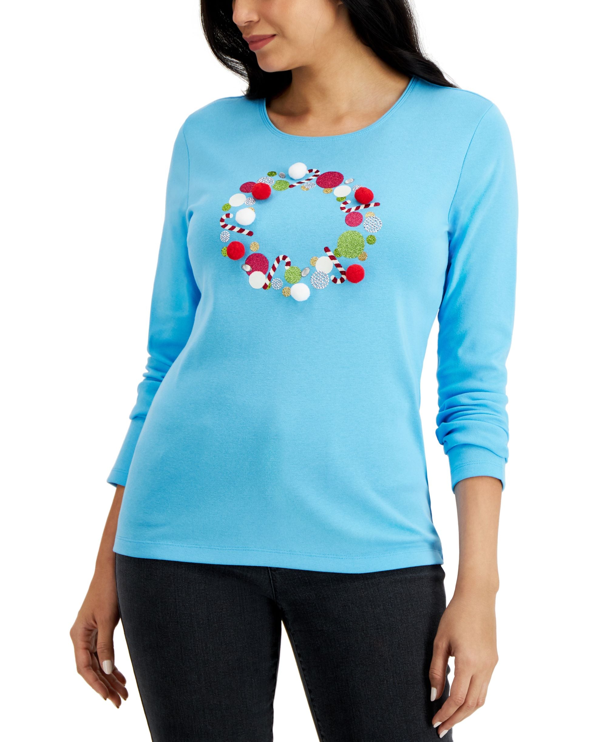 Karen Scott Pom Pom Wreath Holiday Premium Top