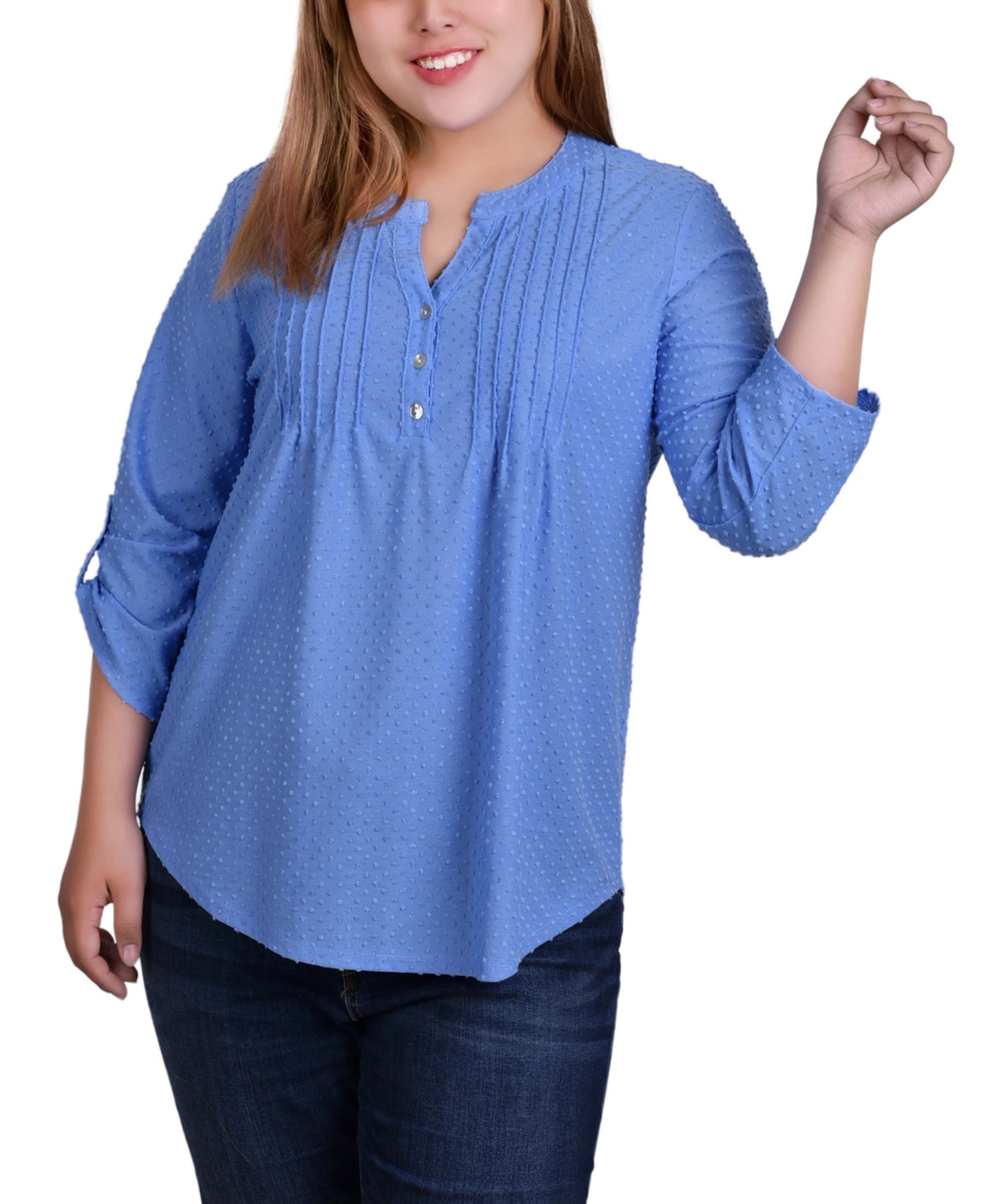 Plus Size 3/4 Tab Sleeve Y-Neck Signature Blouse