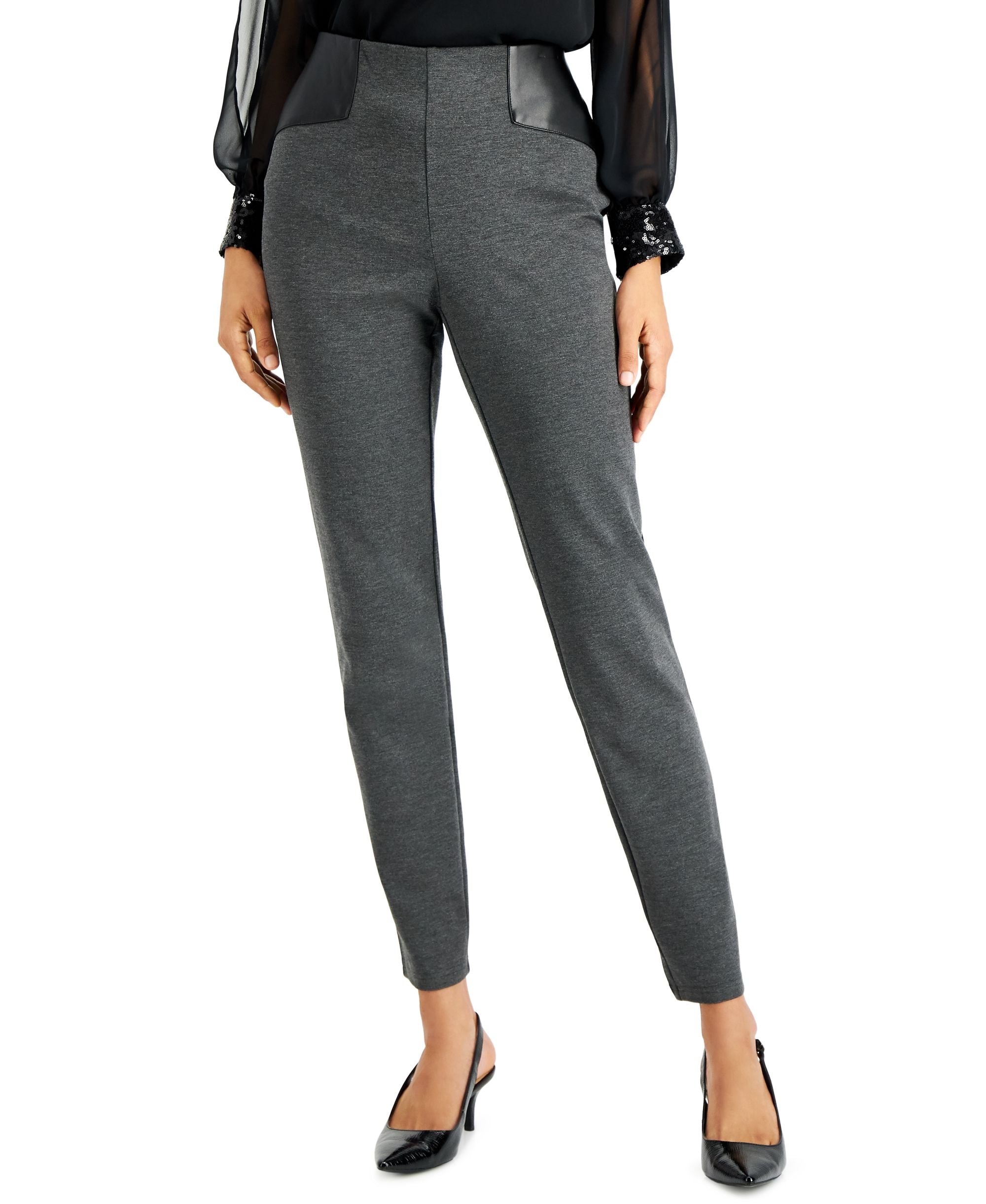 JM Collection Faux-Leather Finish Trim Ponte Knit Signature Pants