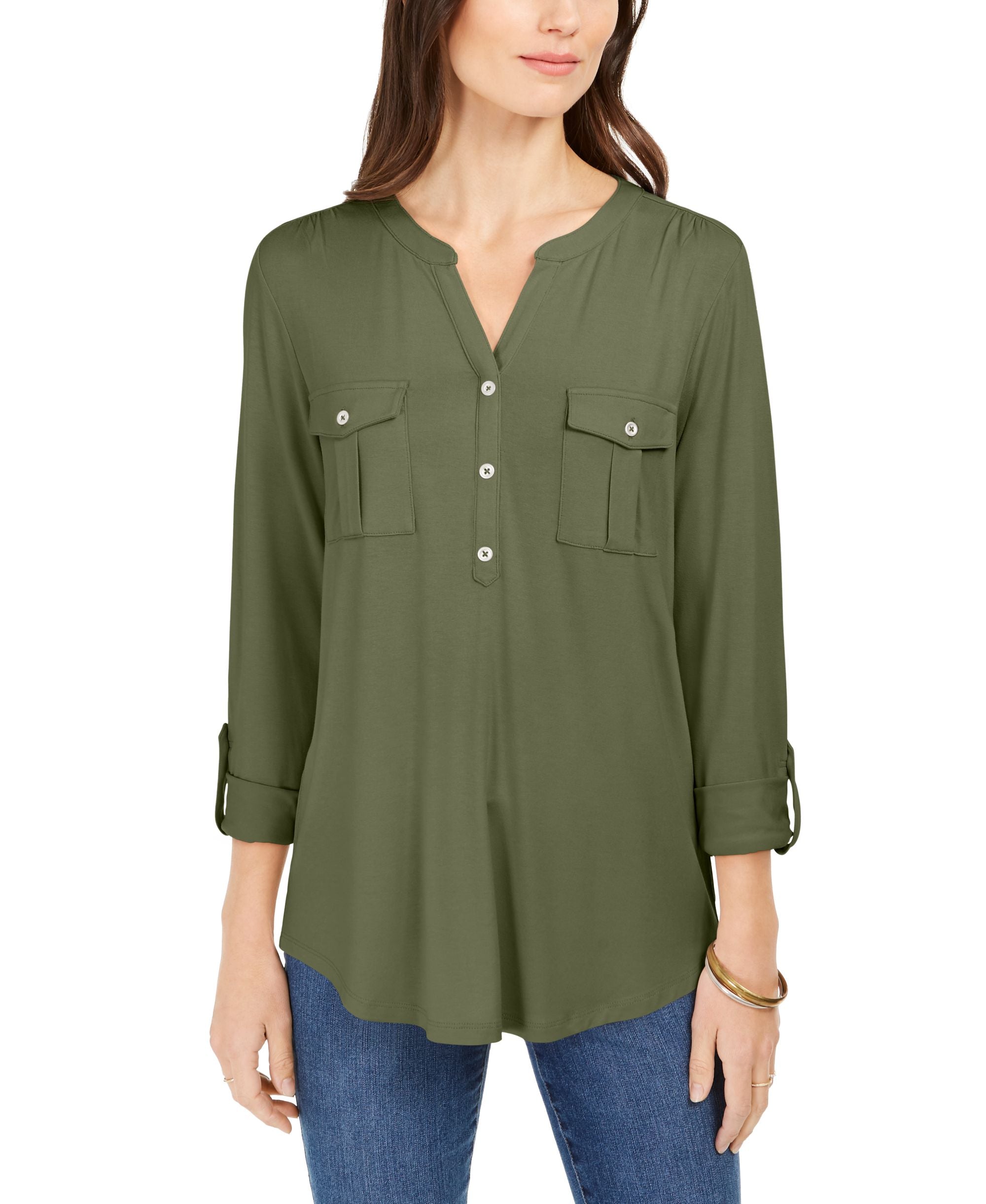 Style & Co Plus Size Roll Tab Buttoned Neck Premium Top