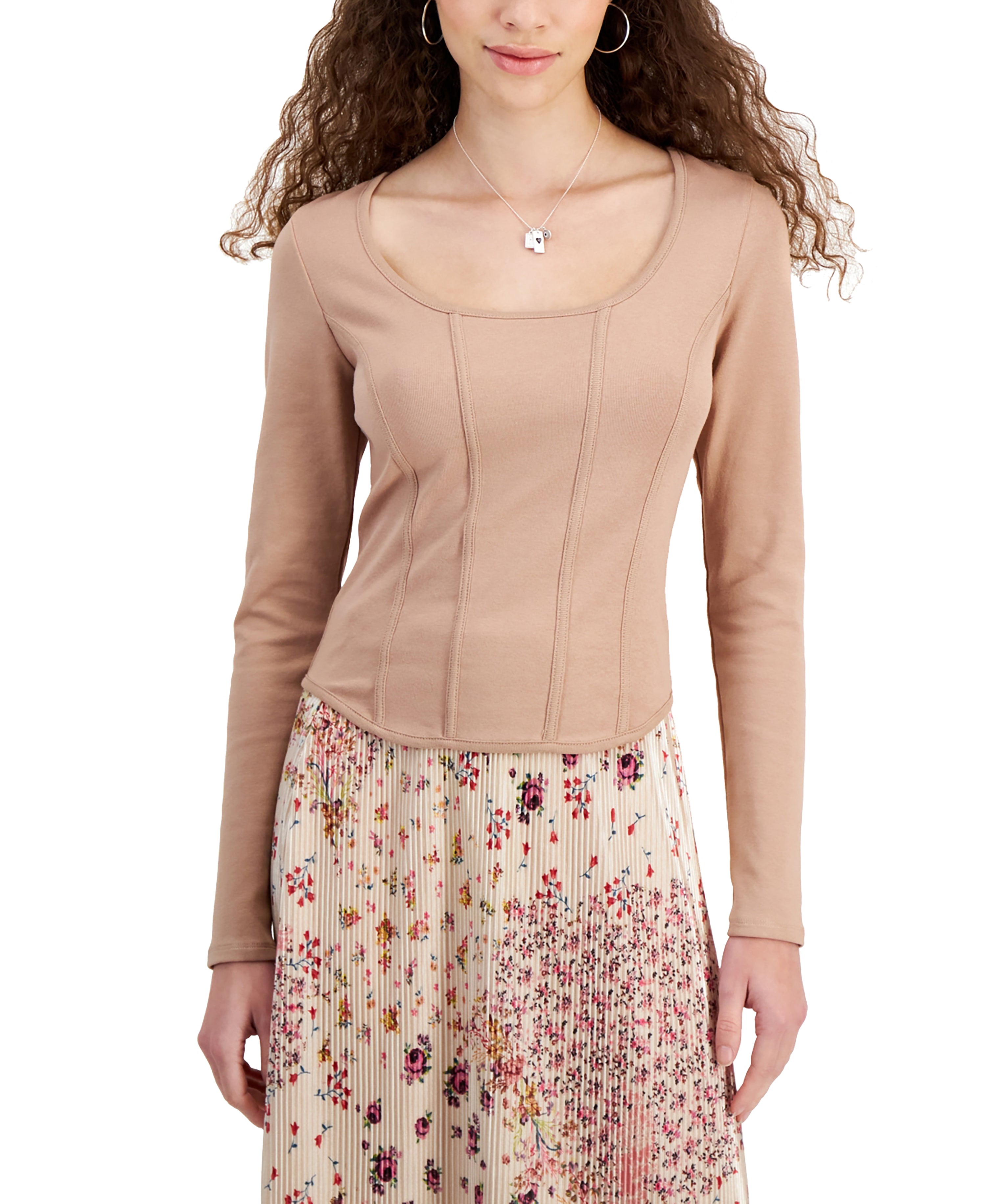 Crave Fame Juniors' Long-Sleeve Corset Knit Premium Top