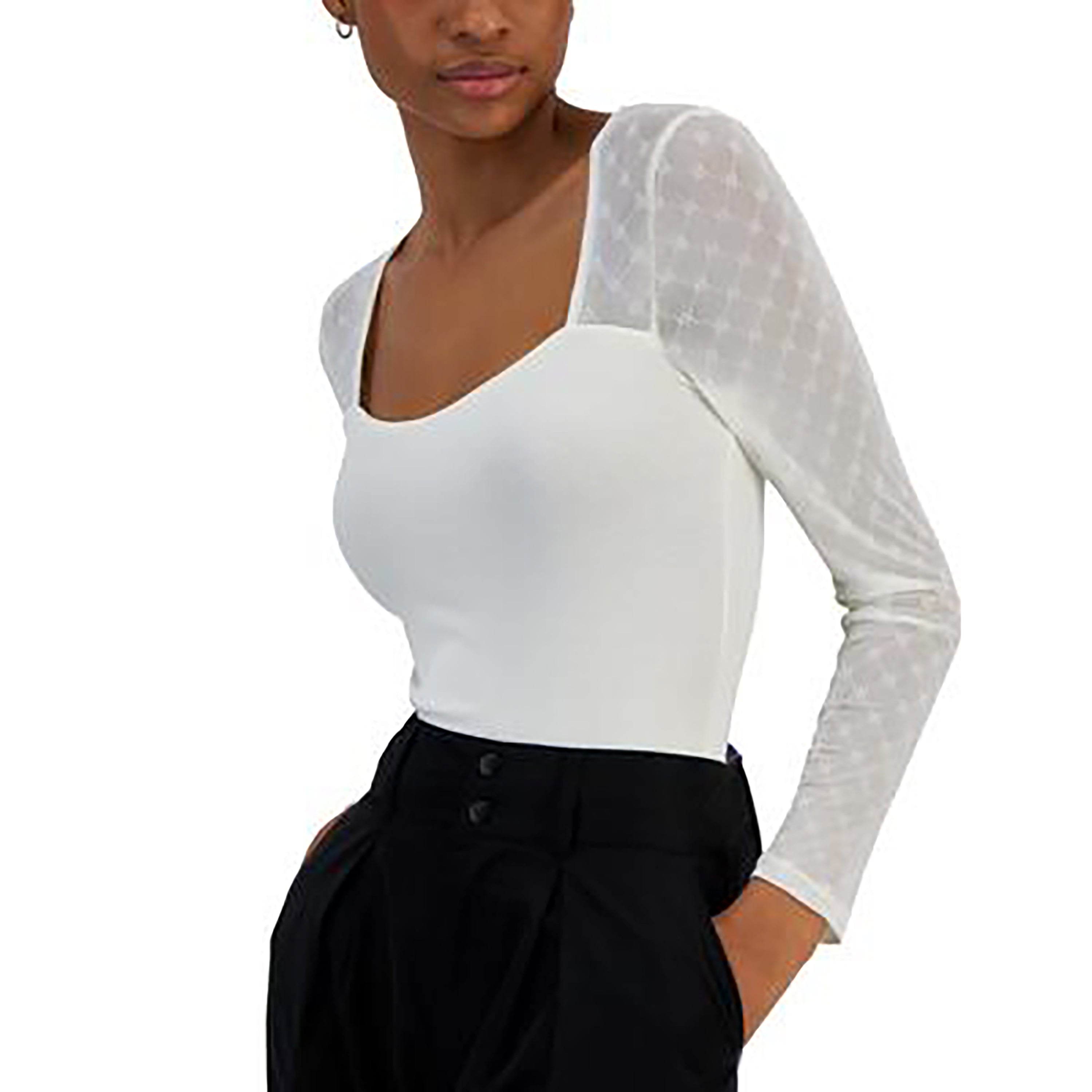 Juniors' Flocked Illusion Mesh-Sleeve Premium Top