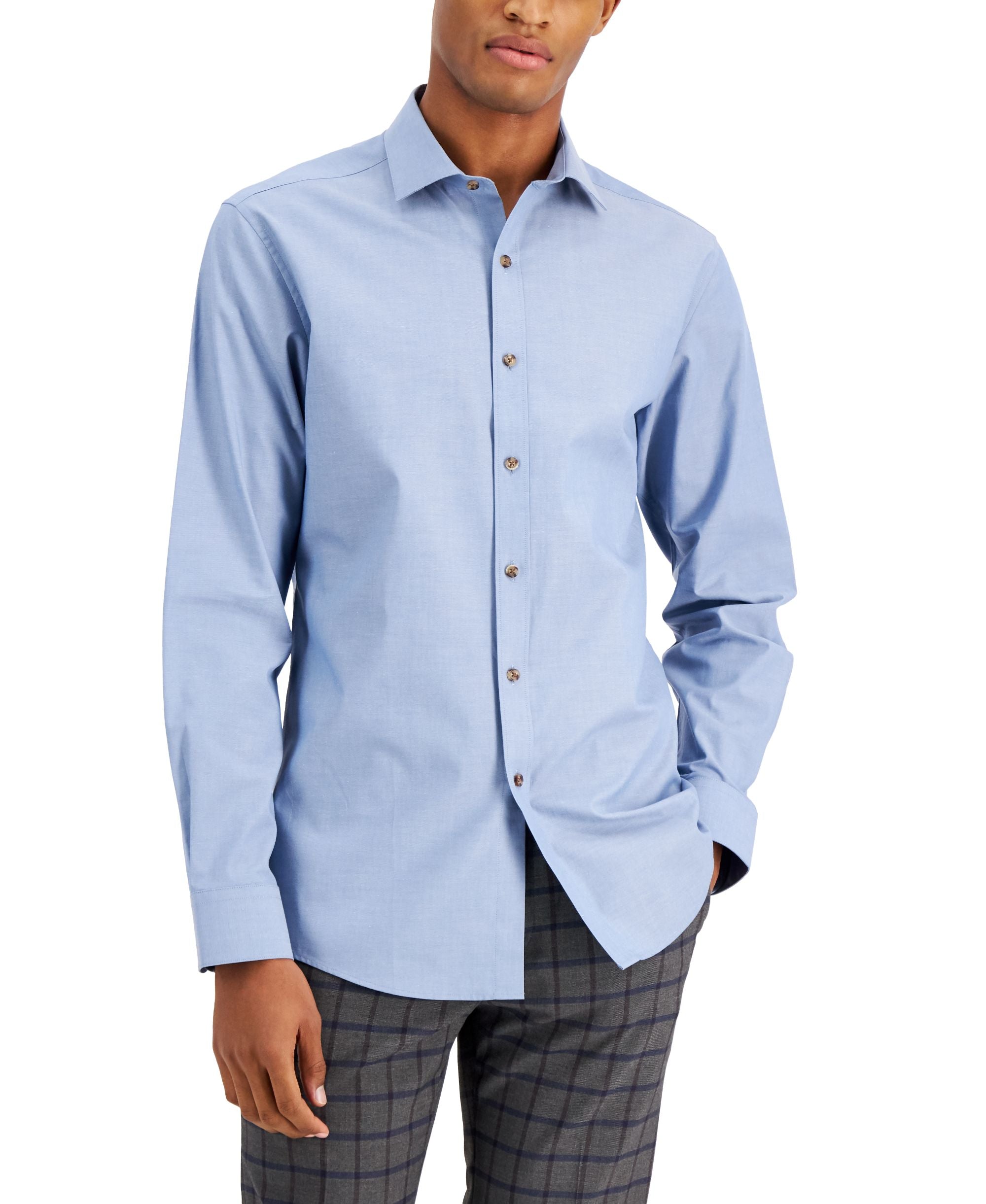 Bar III Mens Slim-Cut Fit Performance Stretch Solid Chambray Dress Modern Shirt