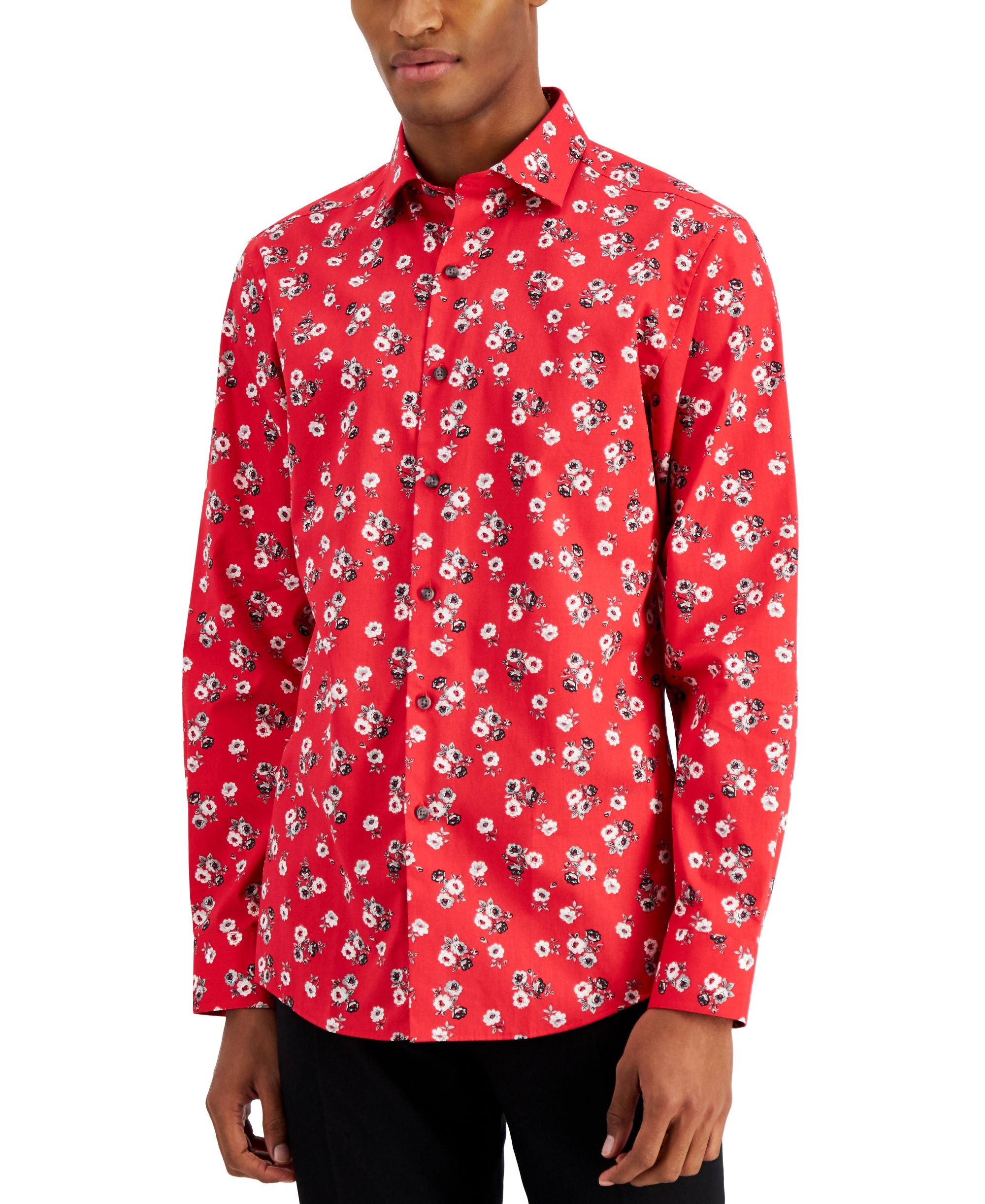 Bar III Mens Slim-Cut Fit Performance Stretch Floral Print Dress Modern Shirt