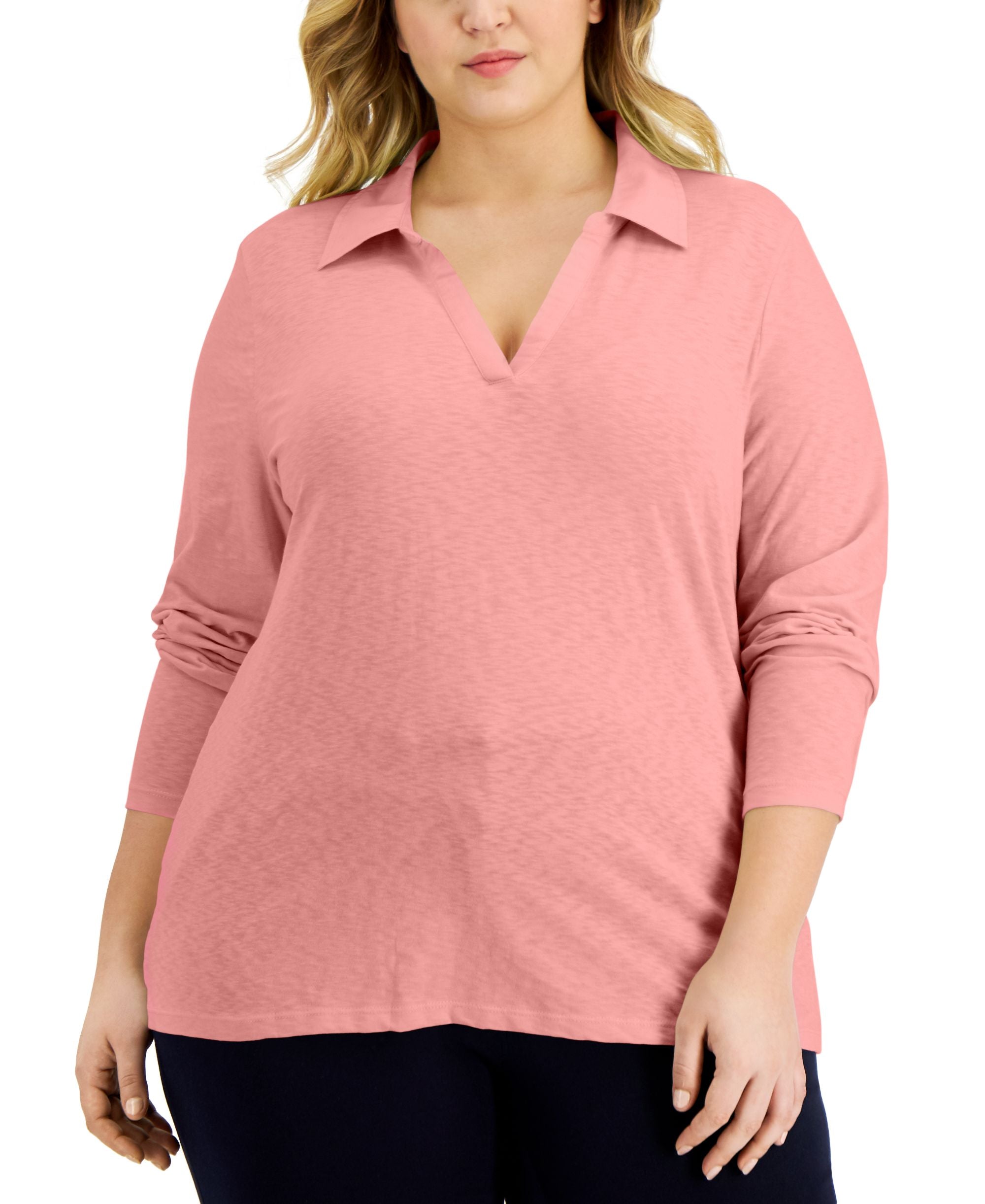 Karen Scott Plus Size Cotton Open Neck Polo Premium Top