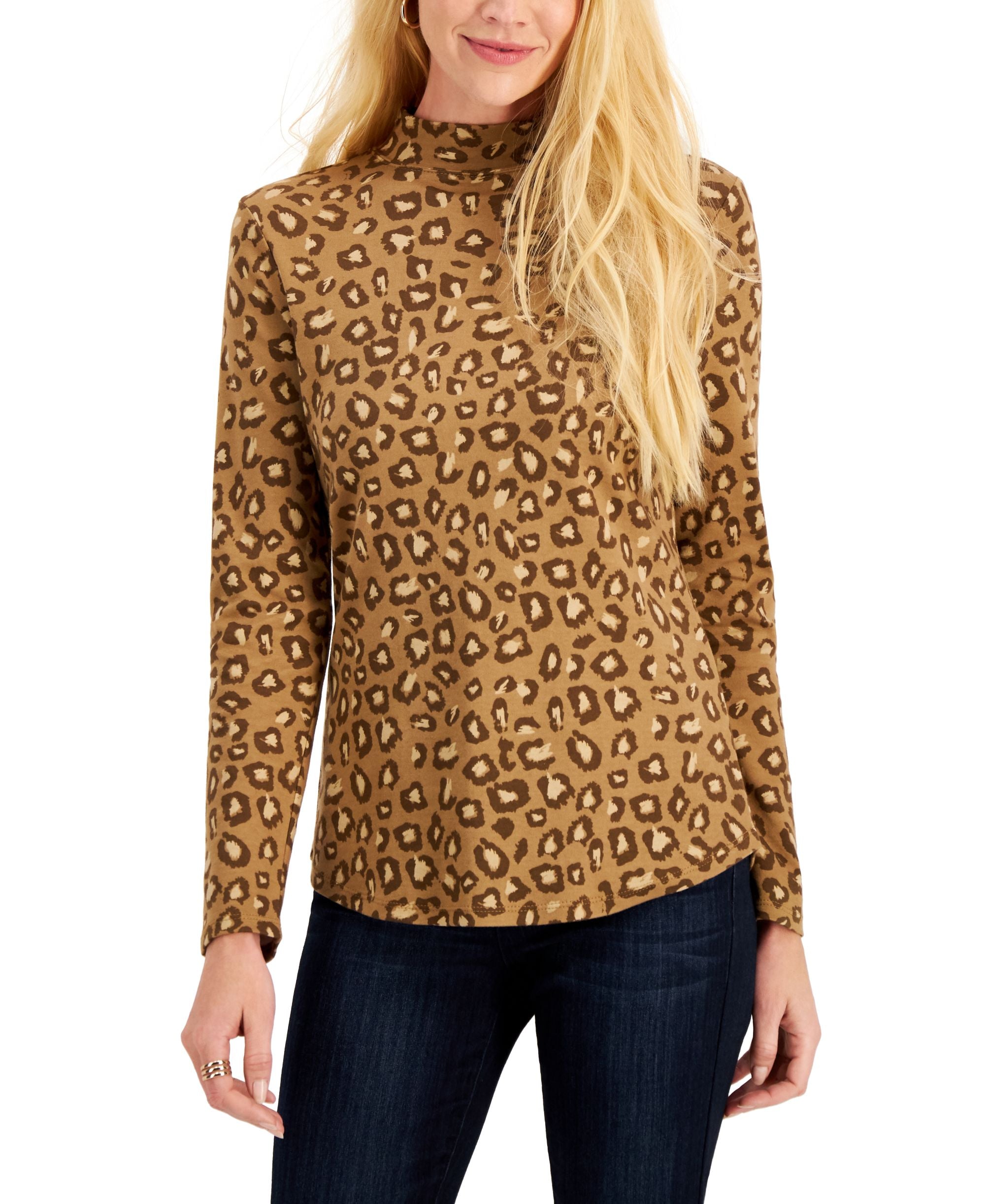 Charter Club Cotton Animal Print Mock Neck Premium Top