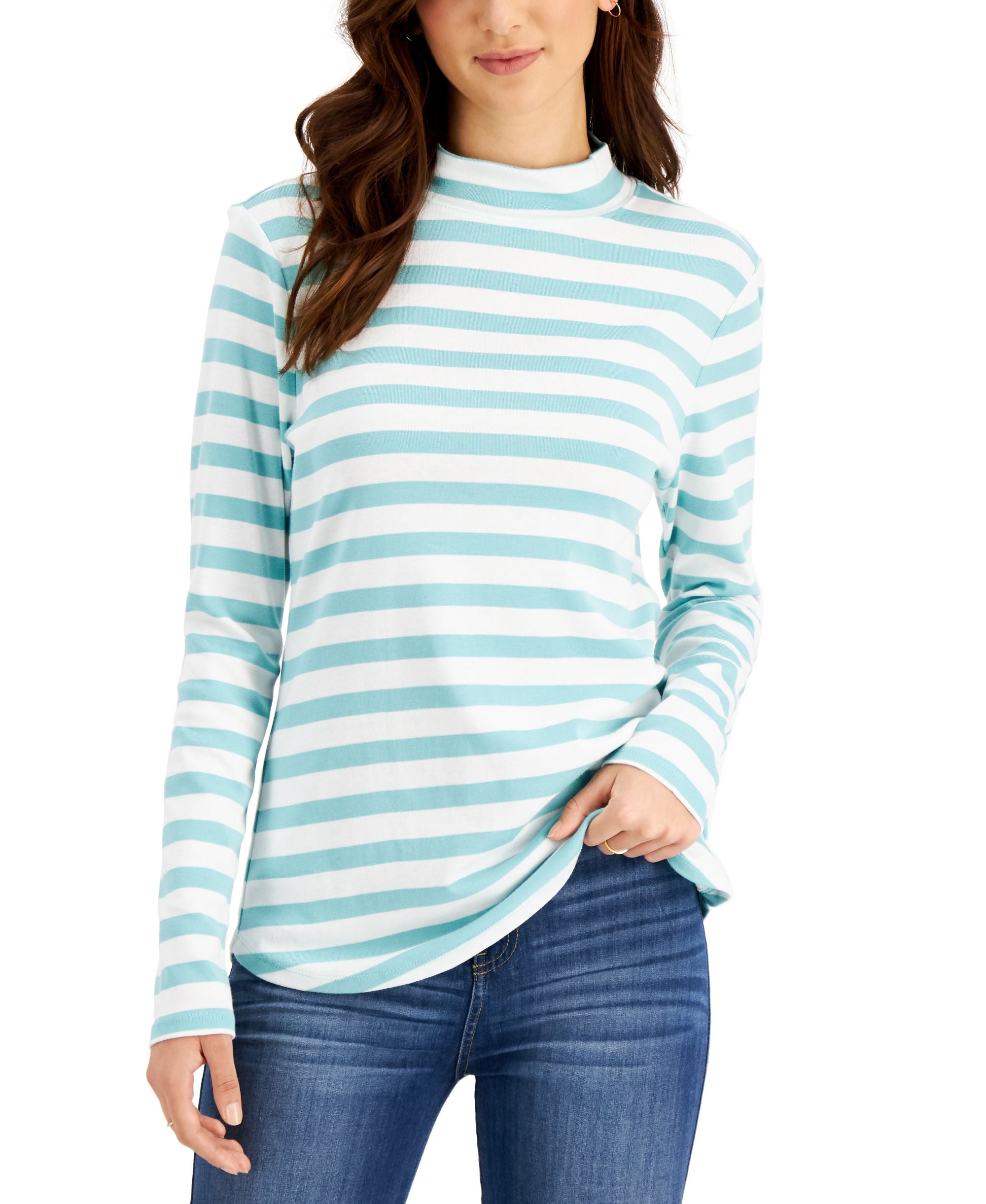 Charter Club Cotton Blithe Striped Mock Neck Premium Top
