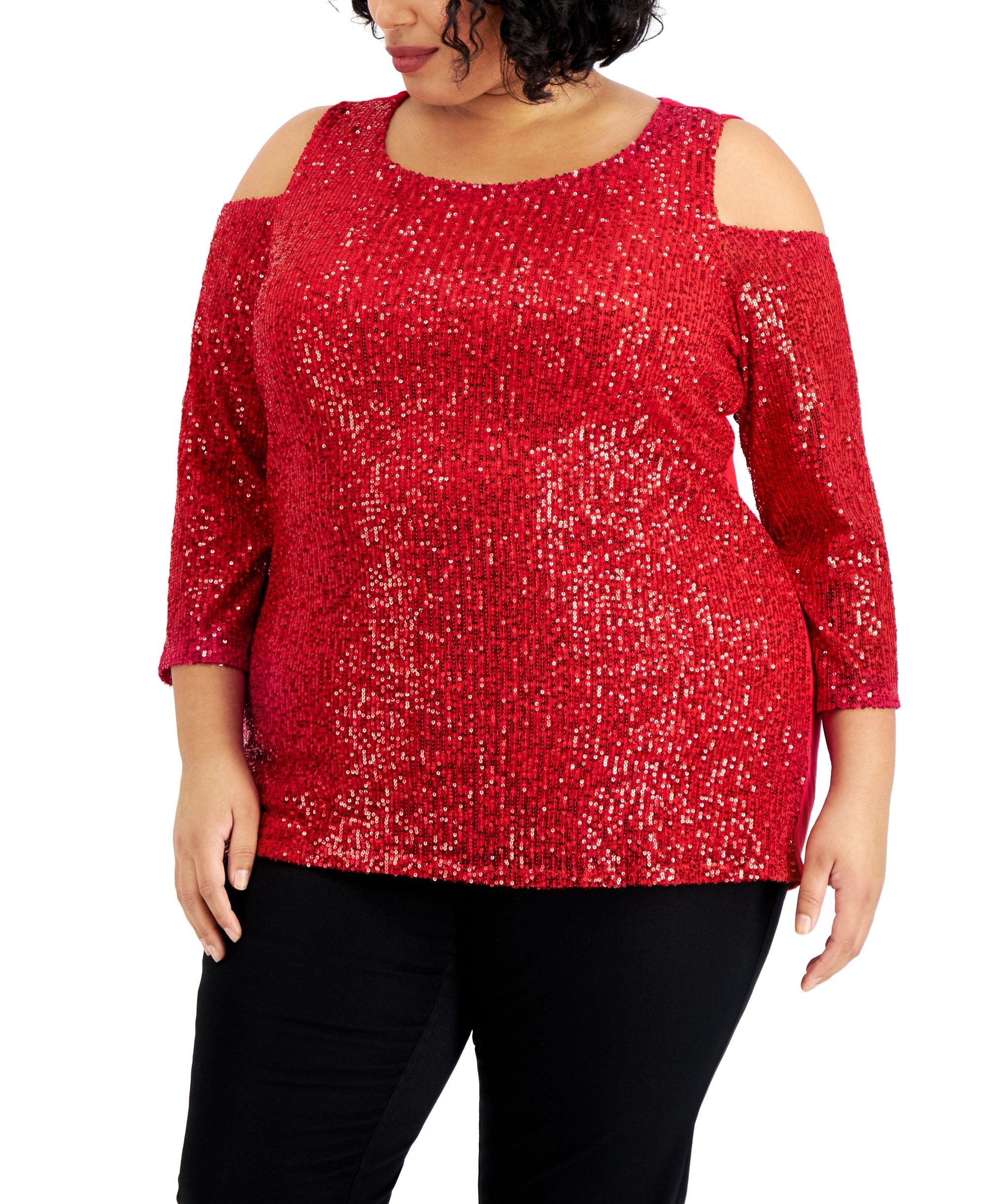 JM Collection Plus Size Sequin Cold Shoulder Premium Top