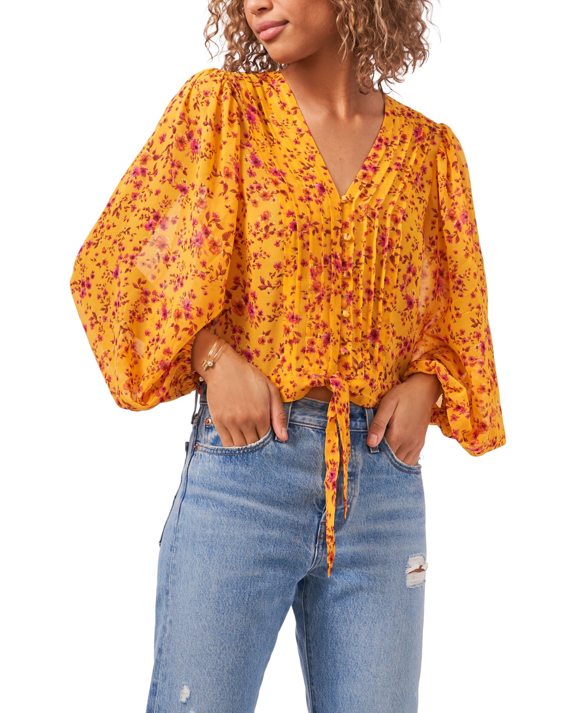 1.State Button-Front Balloon Sleeve Pintucked Premium Top