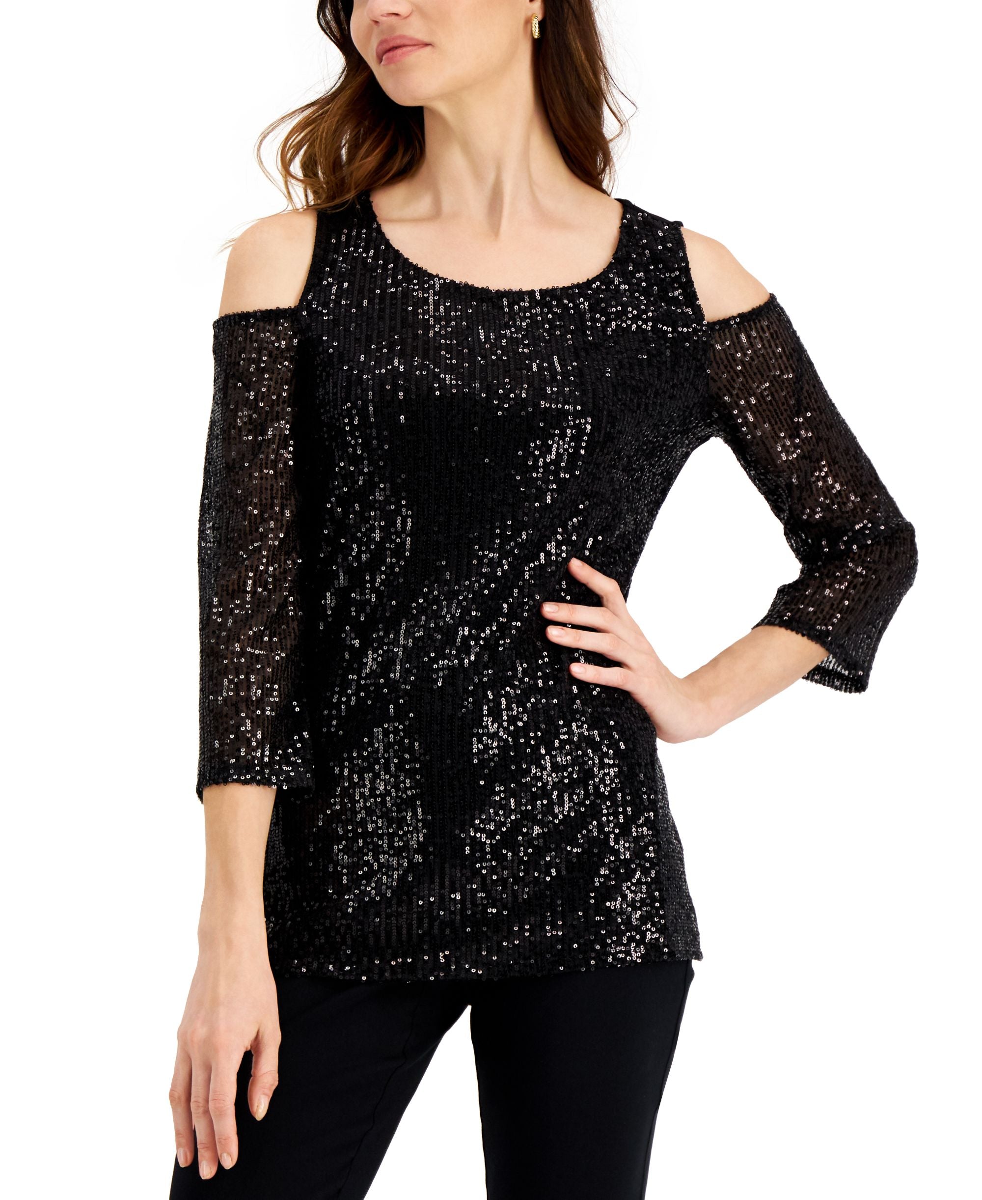 JM Collection Sequin Cold-Shoulder Premium Top