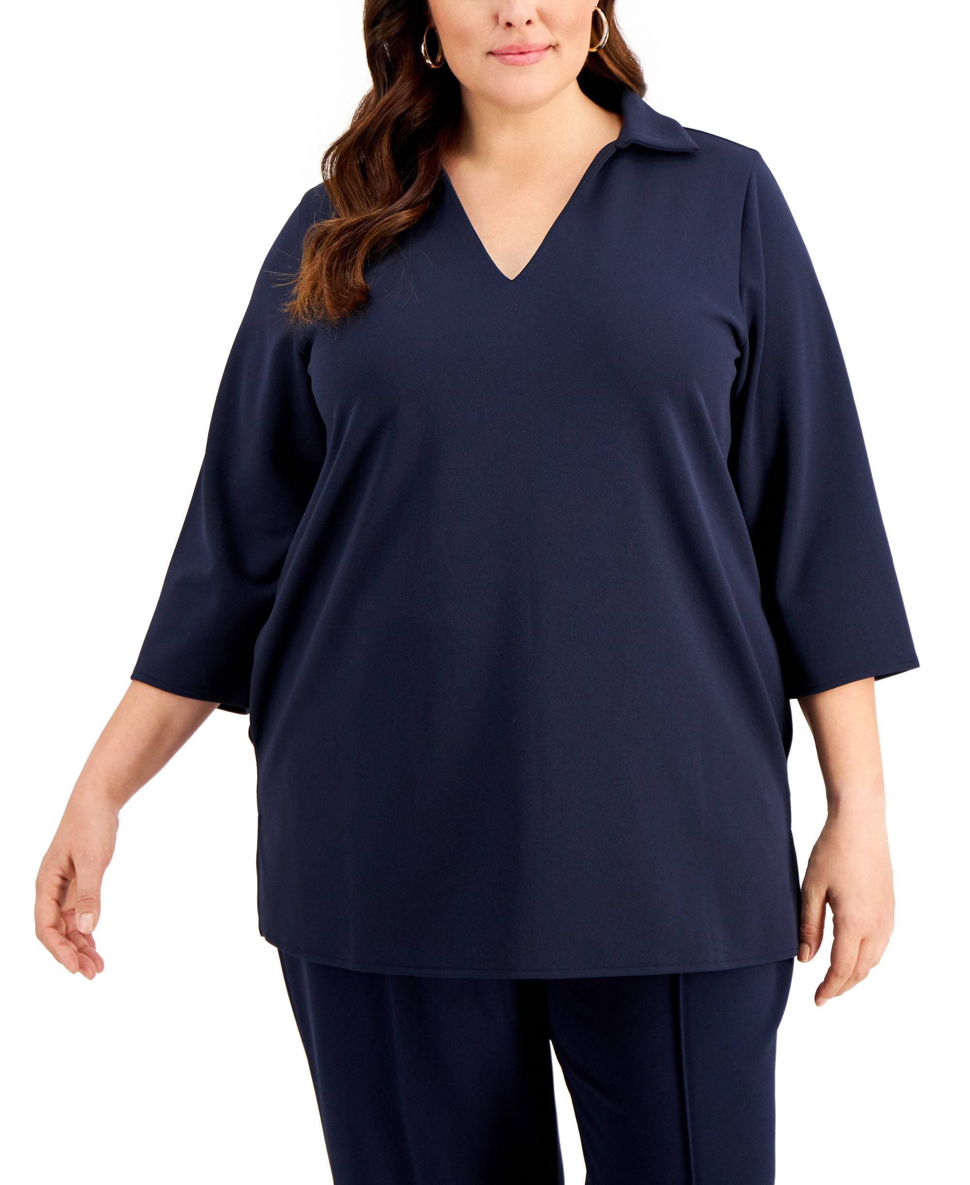 Alfani Plus Size 3/4 Sleeve Collared Tunic Premium Top