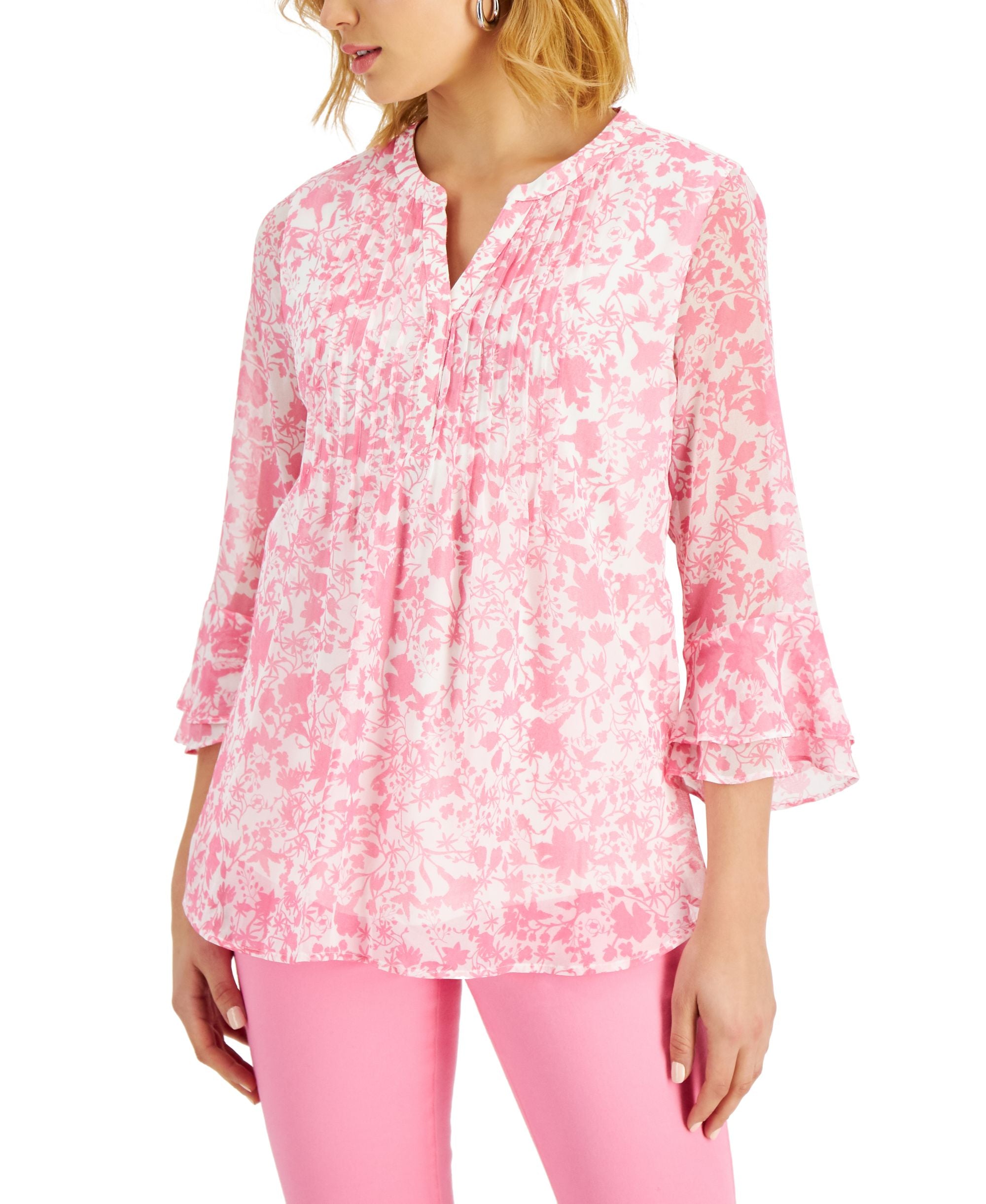 Charter Club Petite Floral Print Flutter-Sleeve Pintuck Premium Top
