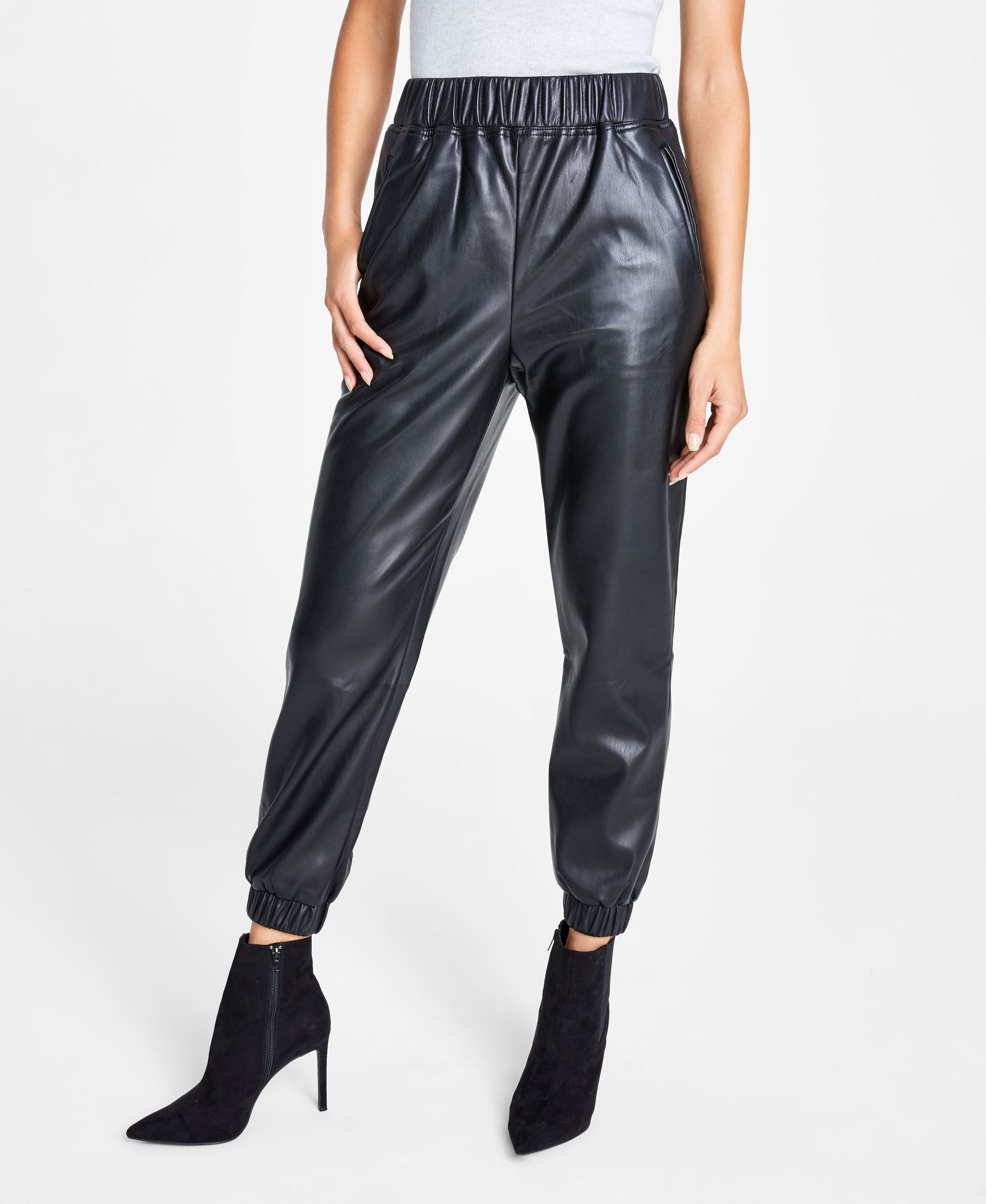 INC International Concepts Petite Faux-Leather Finish Jogger Signature Pants