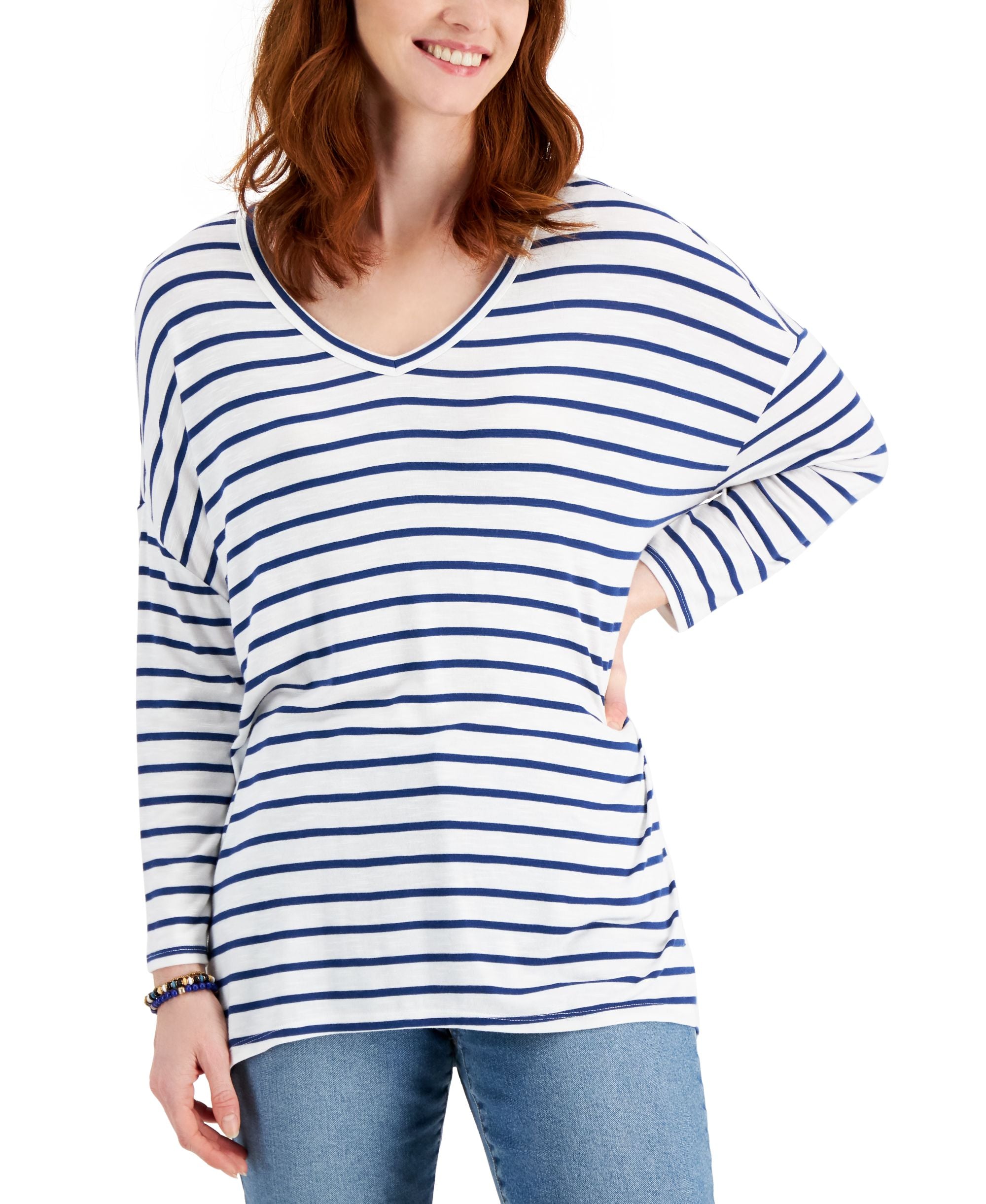 Style & Co Oversized Striped V Neck Knit Premium Top