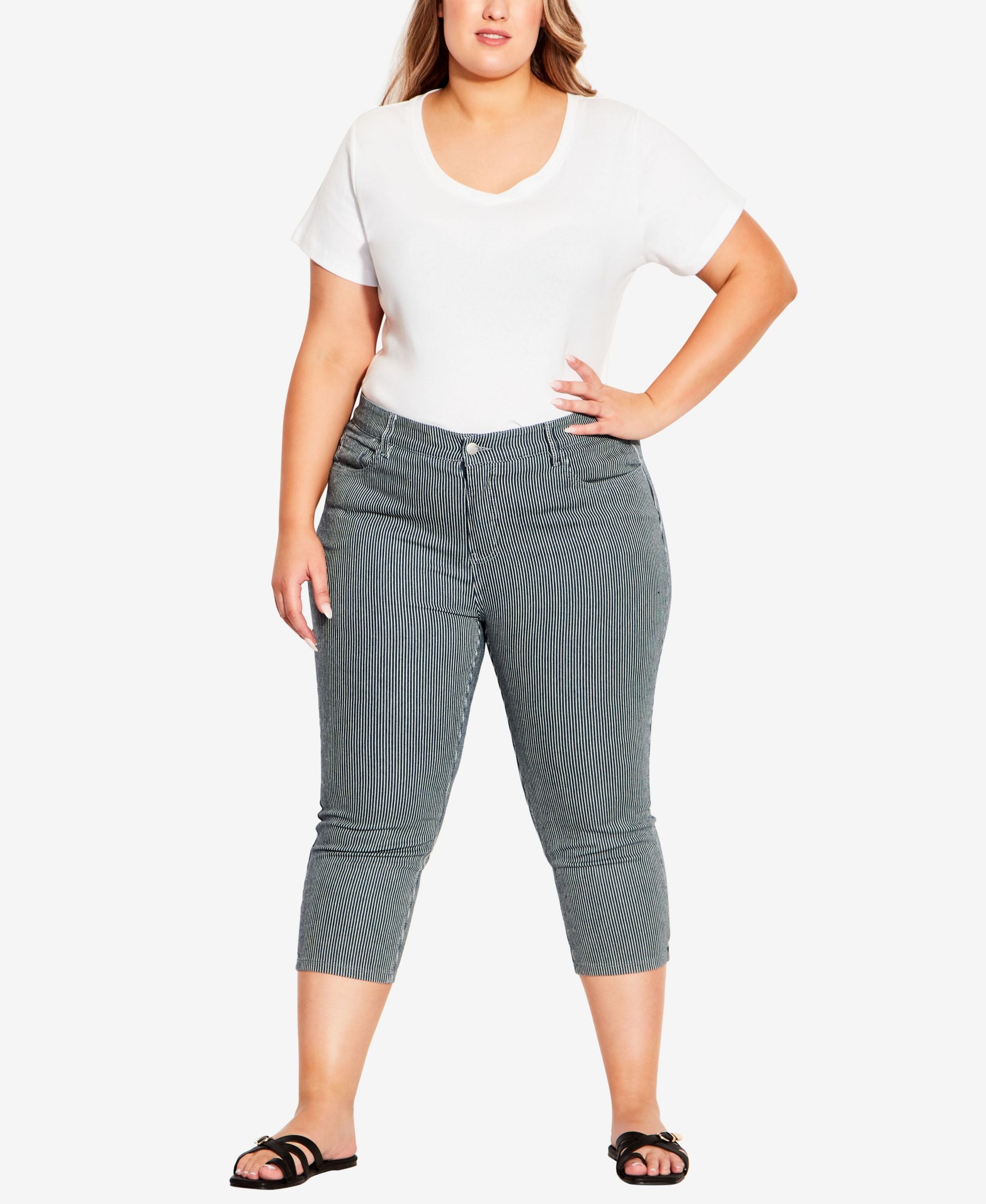 Plus Size Stripe Denim Capri-Length