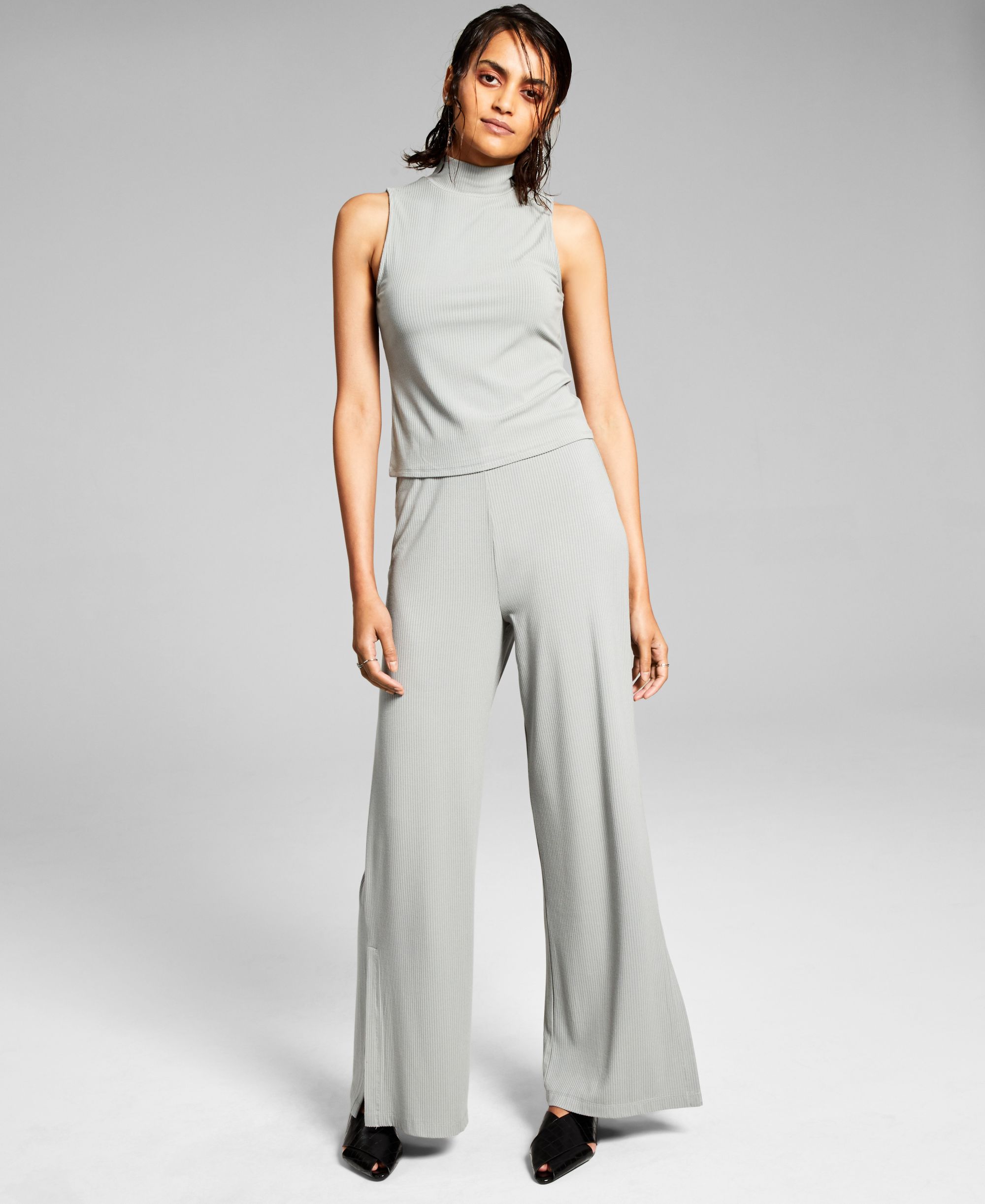 Now This Womens Ribbed Wide-Leg Signature Pants