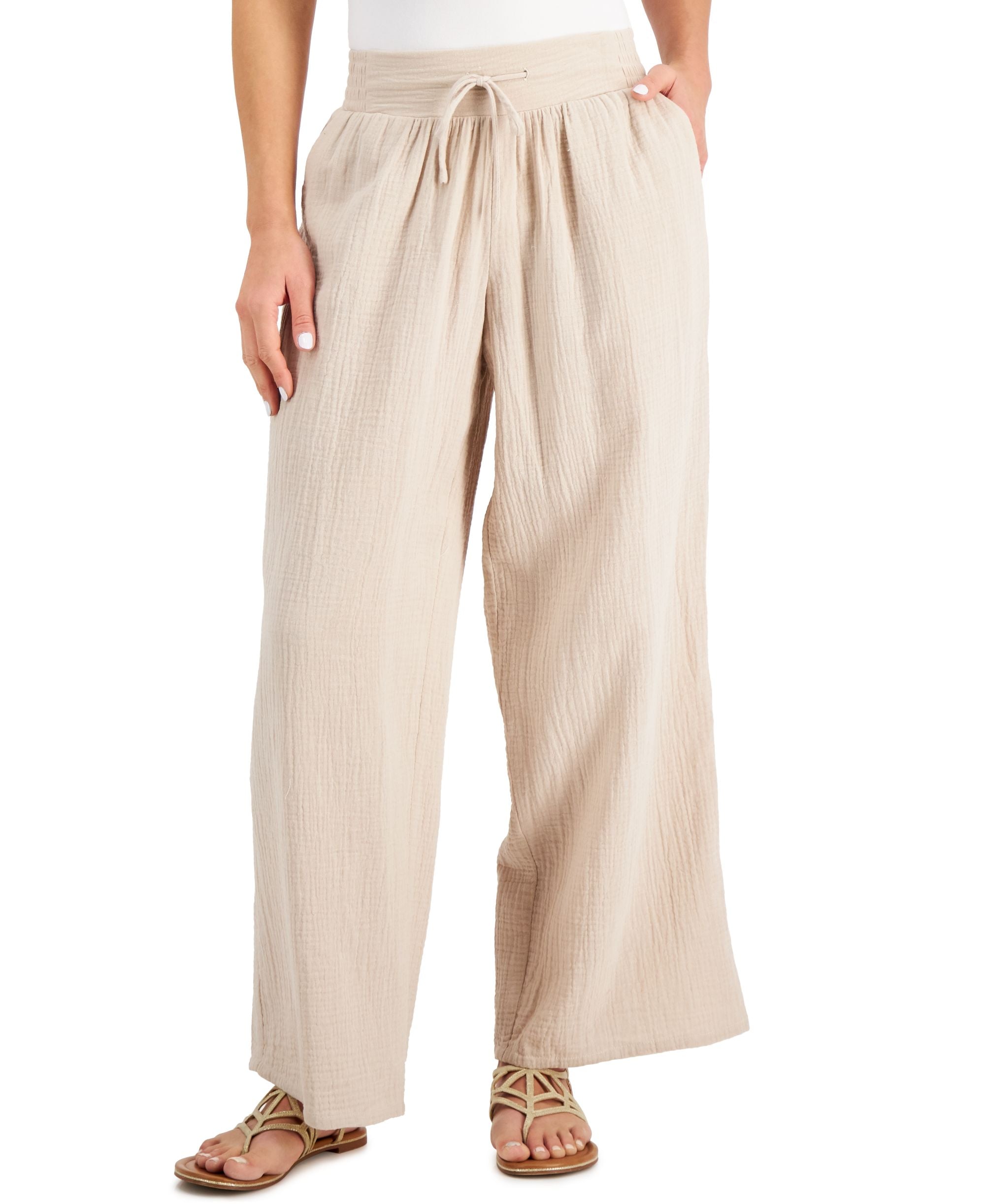 JM Collection Petite Cotton Gauze Wide-Leg Signature Pants