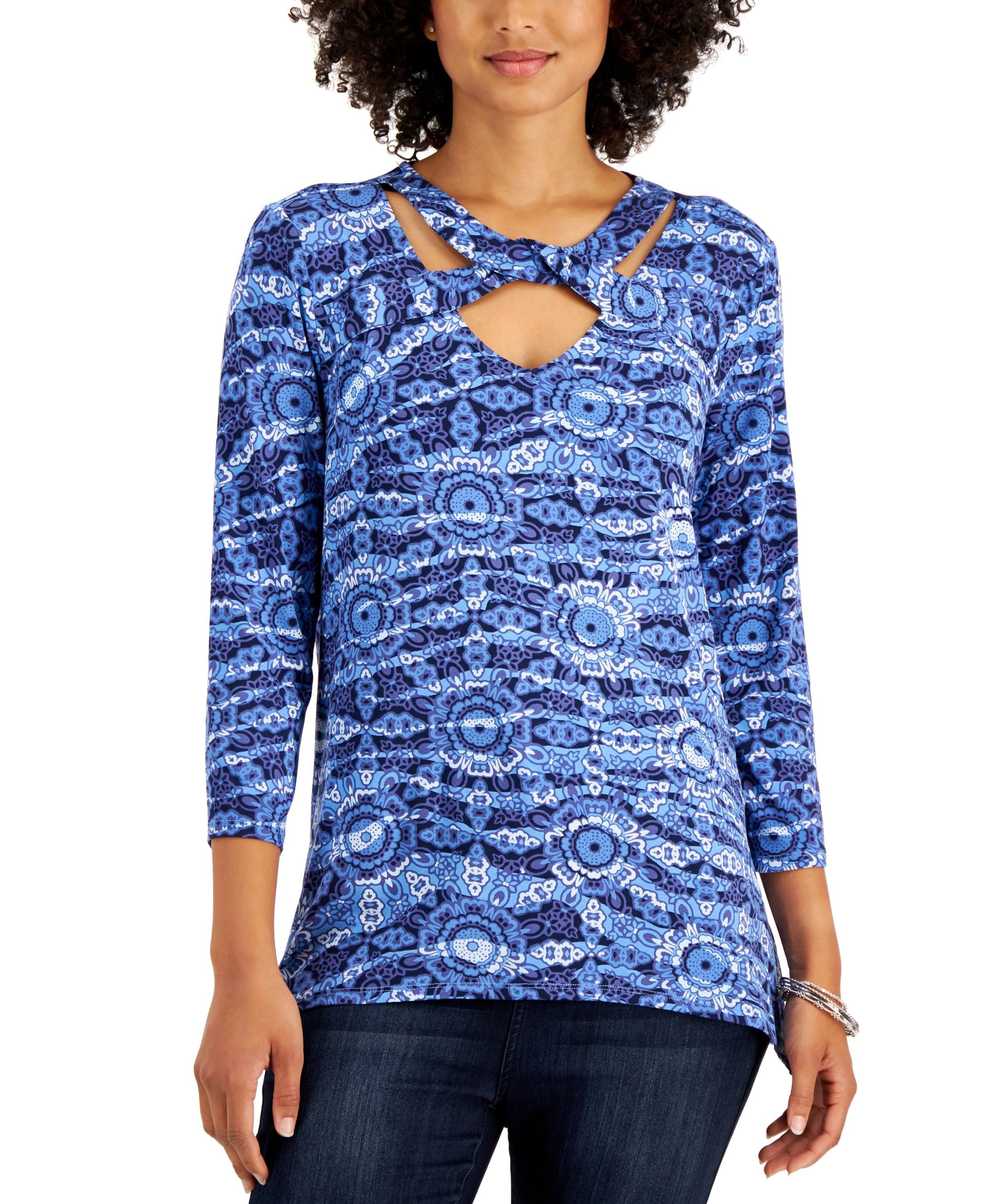 JM Collection Petite Printed Cross-Neck Premium Top