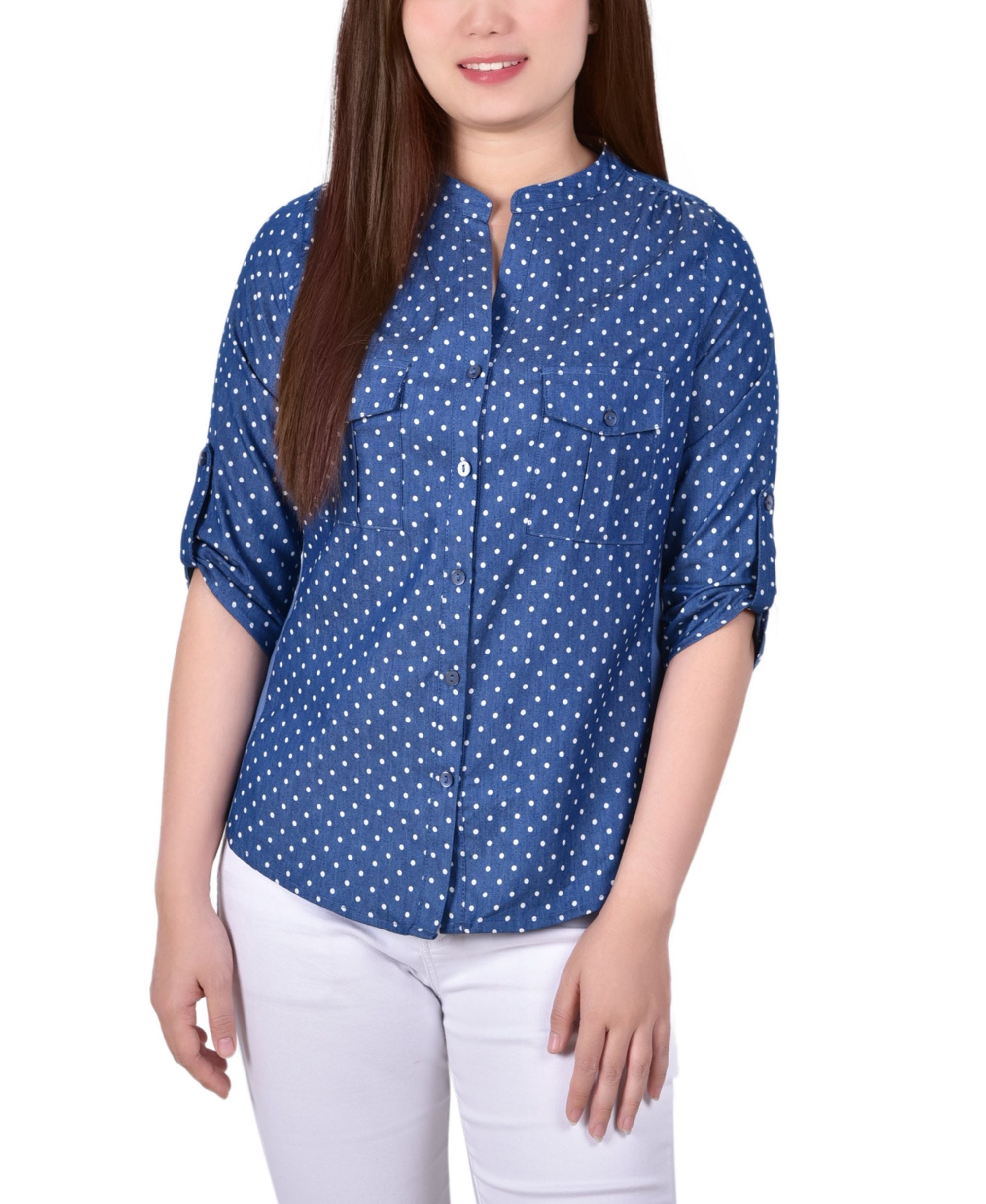 Petite 3/4 Roll Tab Sleeve Chambray Signature Blouse