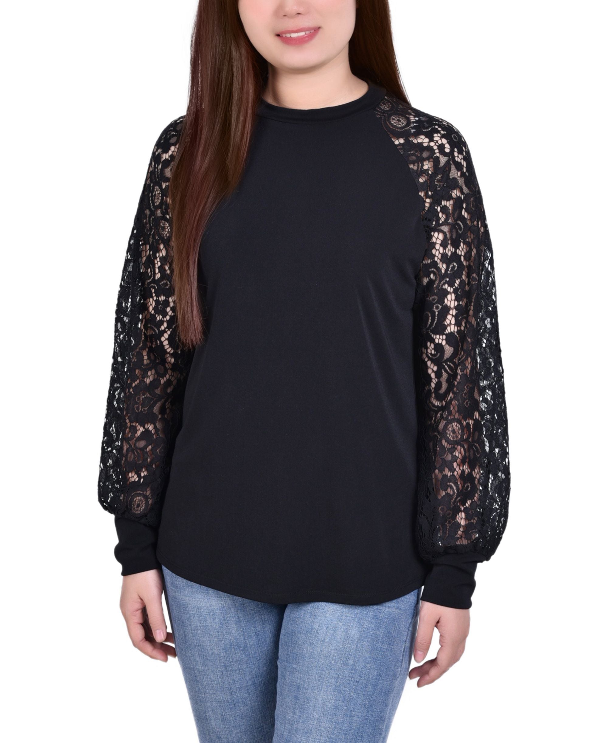 Petite Knit Crepe With Long Lace Balloon Sleeves Premium Top
