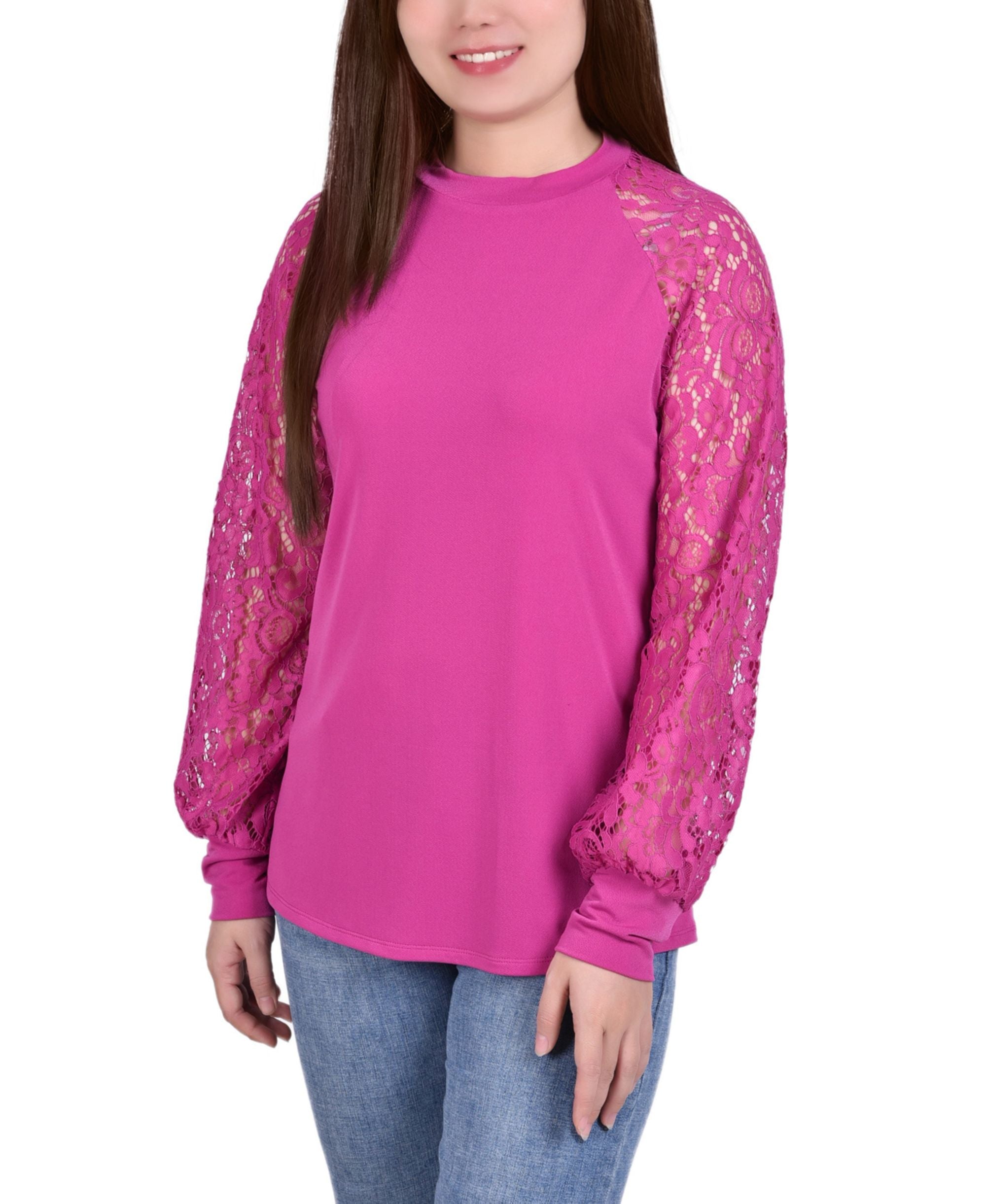 Petite Knit Crepe With Long Lace Balloon Sleeves Premium Top