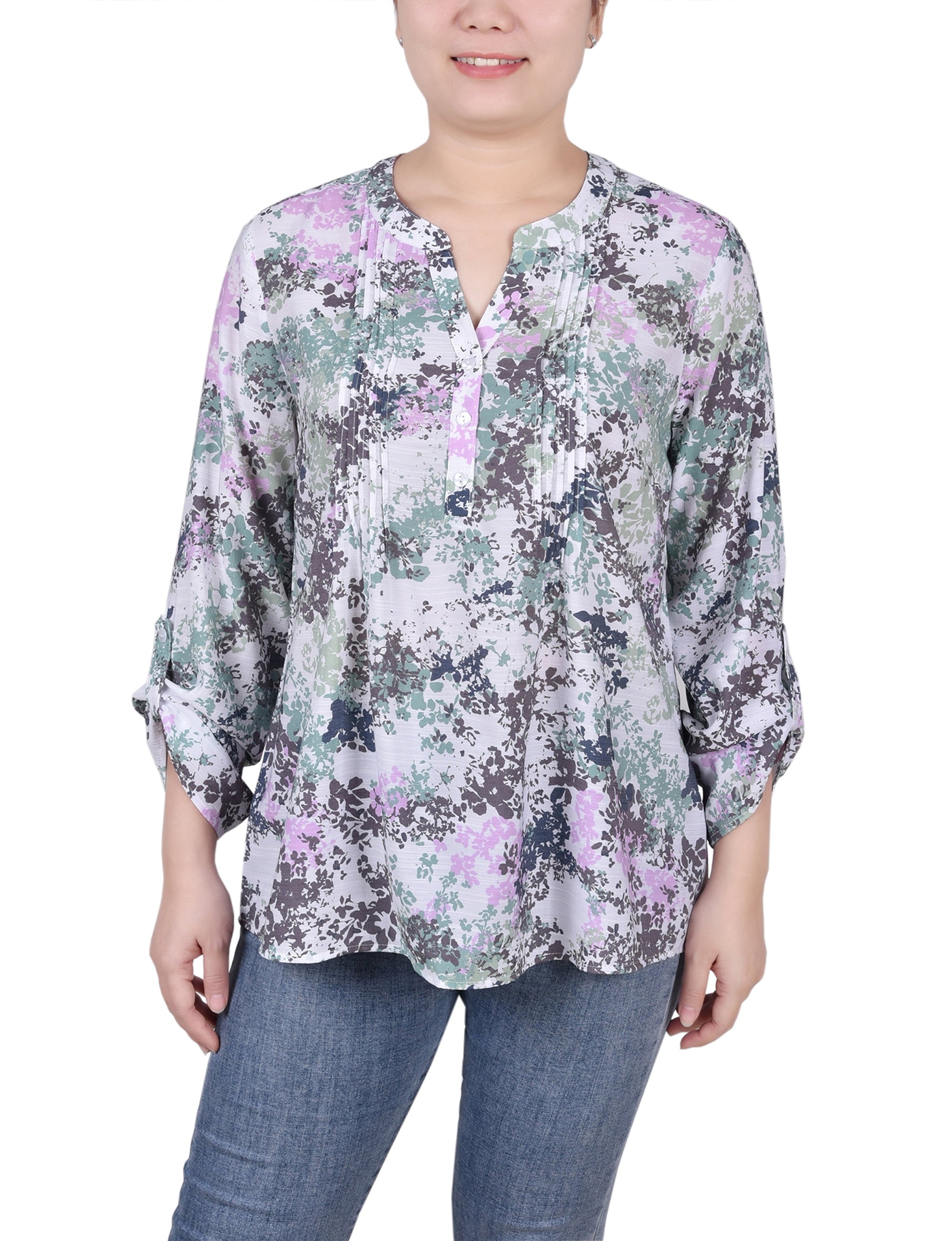 Petite Long Roll Tab Sleeve Pintuck Front Signature Blouse