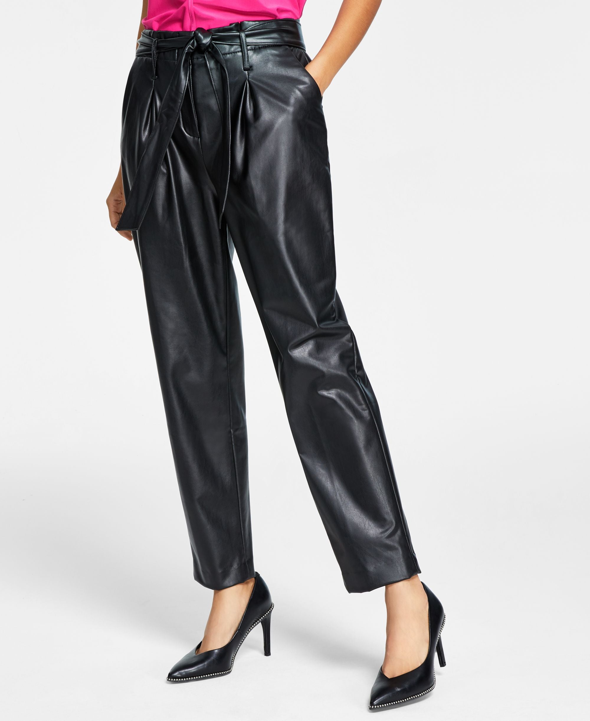 Bar III Faux-Leather Finish Paperbag Waist Signature Pants