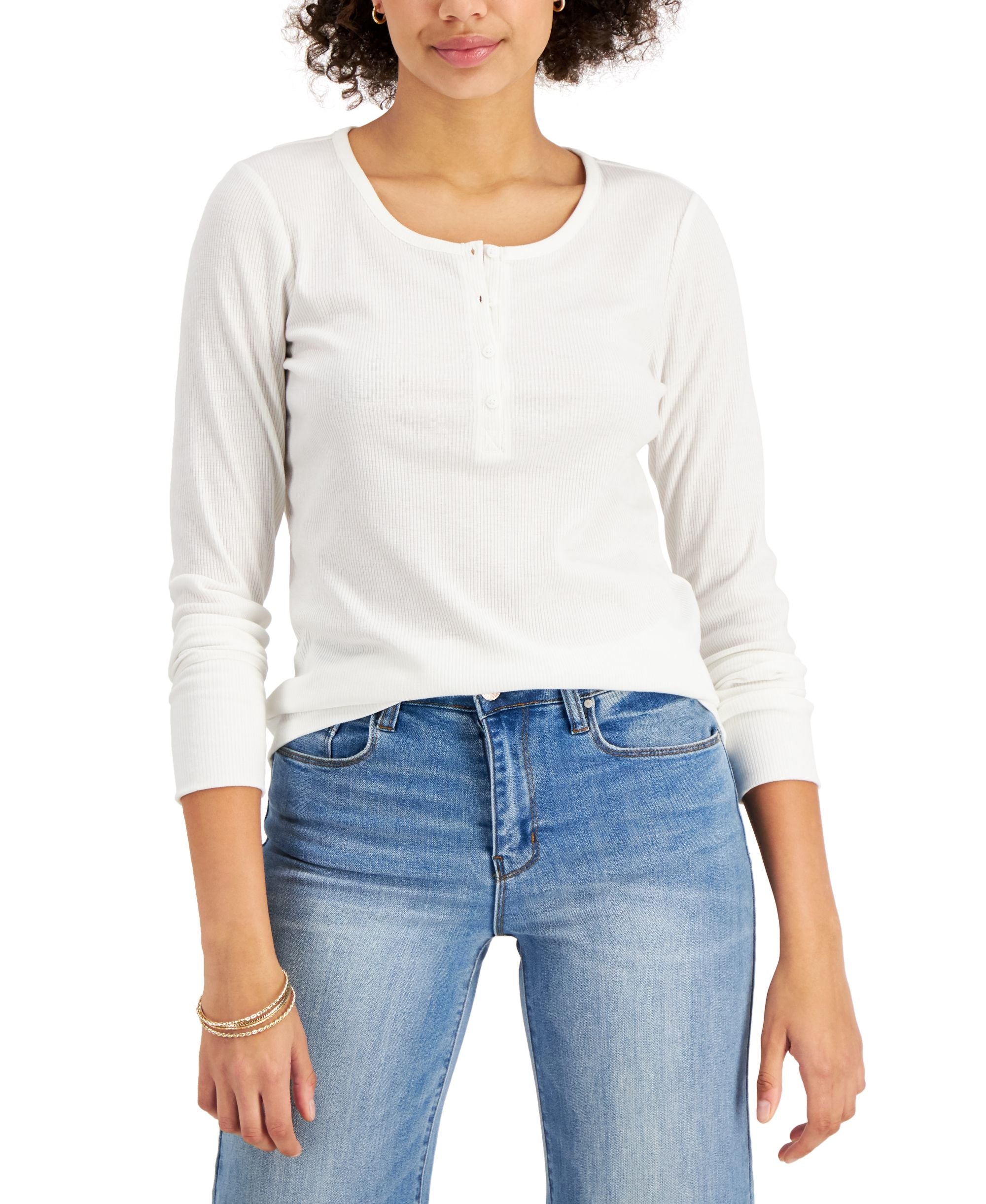 Style & Co Petite Solid Ribbed Henley Premium Top
