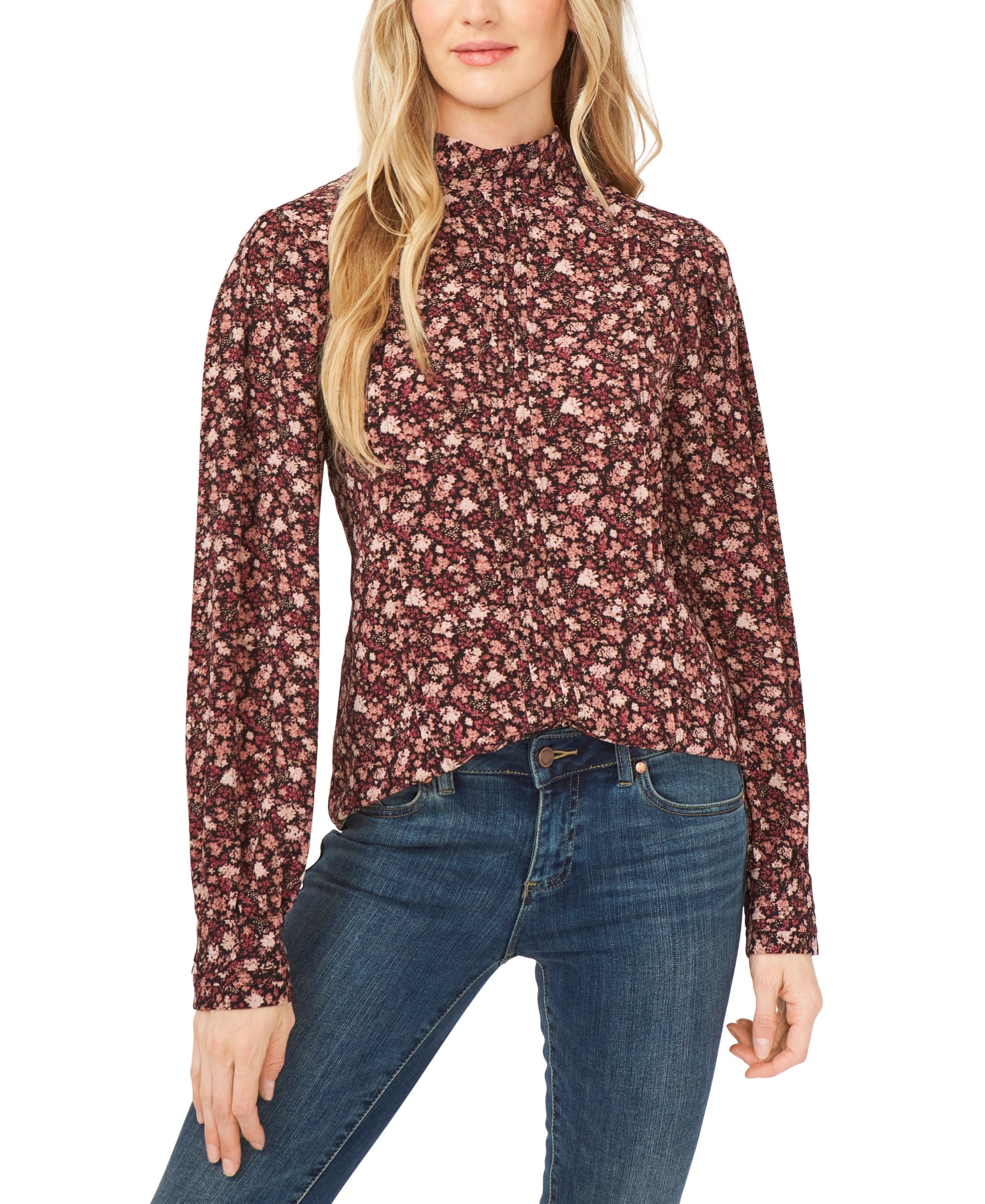 Cece Tie Neck Pleated Floral Print Premium Top